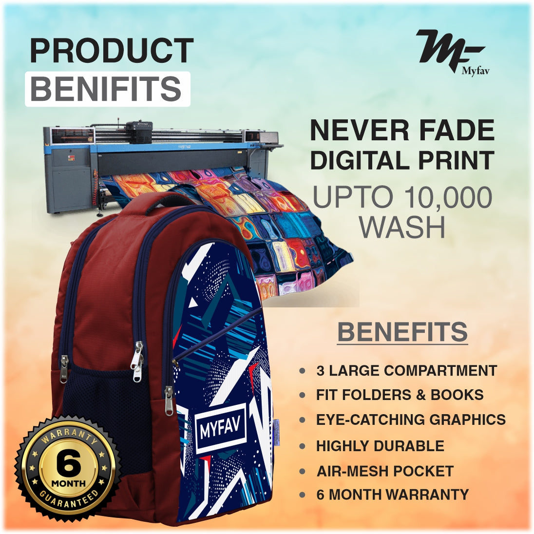 MY FAV Polyester (5 to 14-year-old) School Backpack for Kids | Bottle Holder & Front Zippered Pocket, Adjustable & Padded Shoulder Straps | Waterproof Bag for Boys & Girls - 6 Month Warranty (Red)