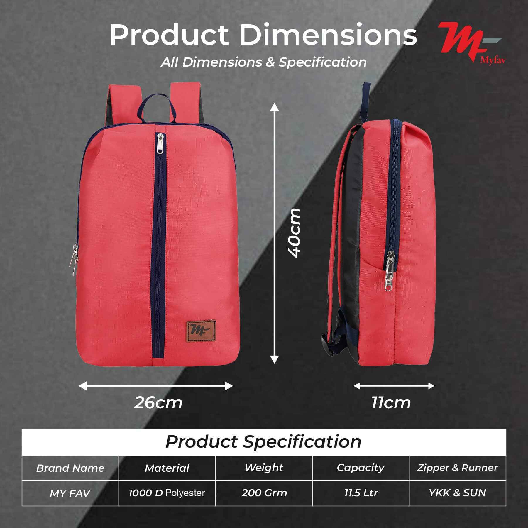 MY FAV Water Resistant Polyester Backpack for Men/ Women Travel, Business, College with Smooth Runner Zipper and Lightweight Casual Bag (11.5 Liter)