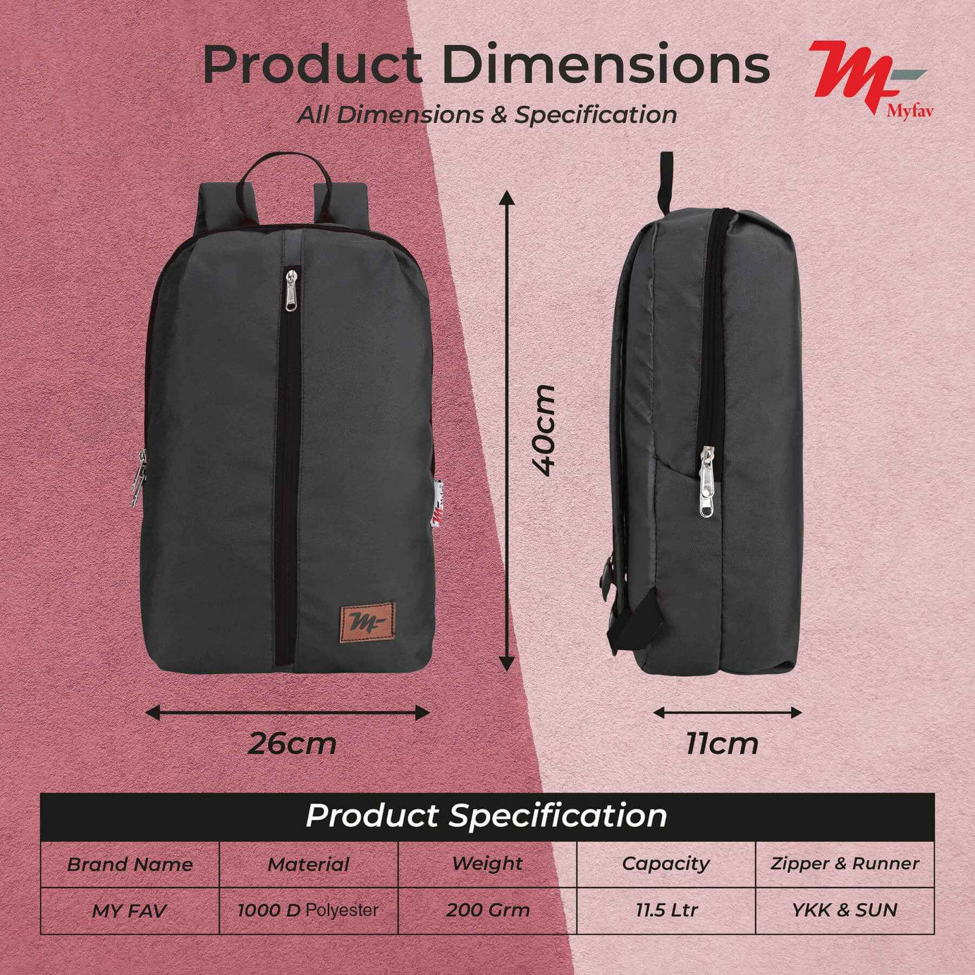 MY FAV Water Resistant Polyester Backpack for Men/ Women Travel, Business, College with Smooth Runner Zipper and Lightweight Casual Bag (11.5 Liter)