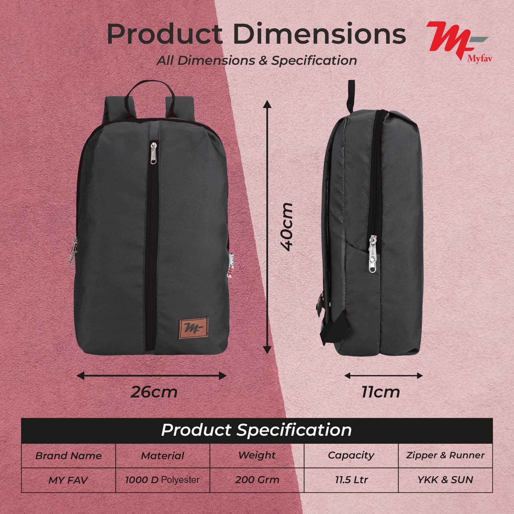 MY FAV Water Resistant Polyester Backpack for Men/ Women Travel, Business, College with Smooth Runner Zipper and Lightweight Casual Bag (11.5 Liter)