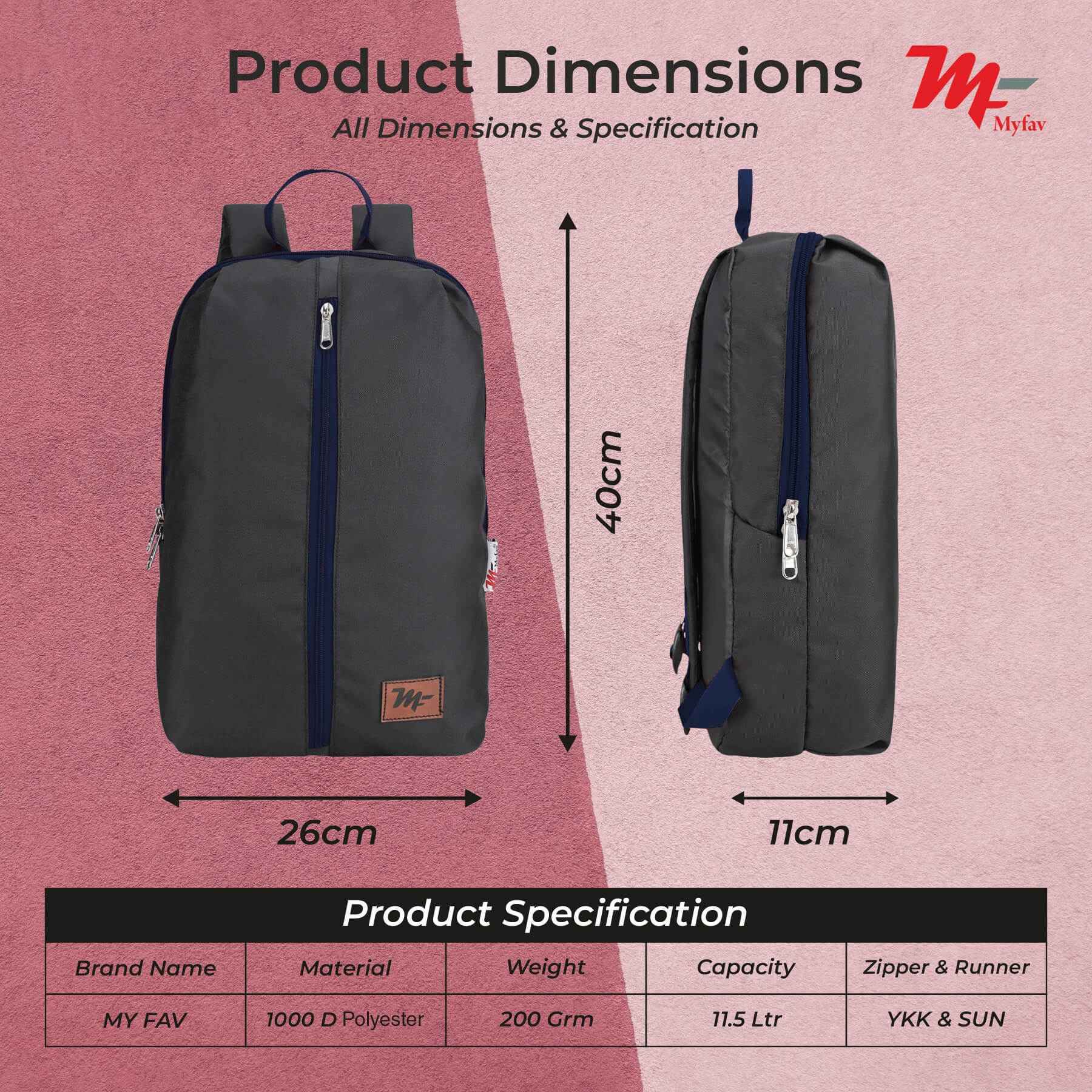 MY FAV Water Resistant Polyester Backpack for Men/ Women Travel, Business, College with Smooth Runner Zipper and Lightweight Casual Bag (11.5 Liter)