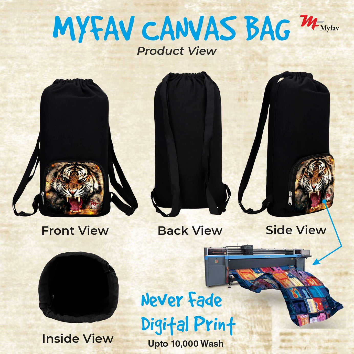 My Fav Tiger Print Cotton Canvas Tution Backpack / Exam Bag For Boys / Girls
