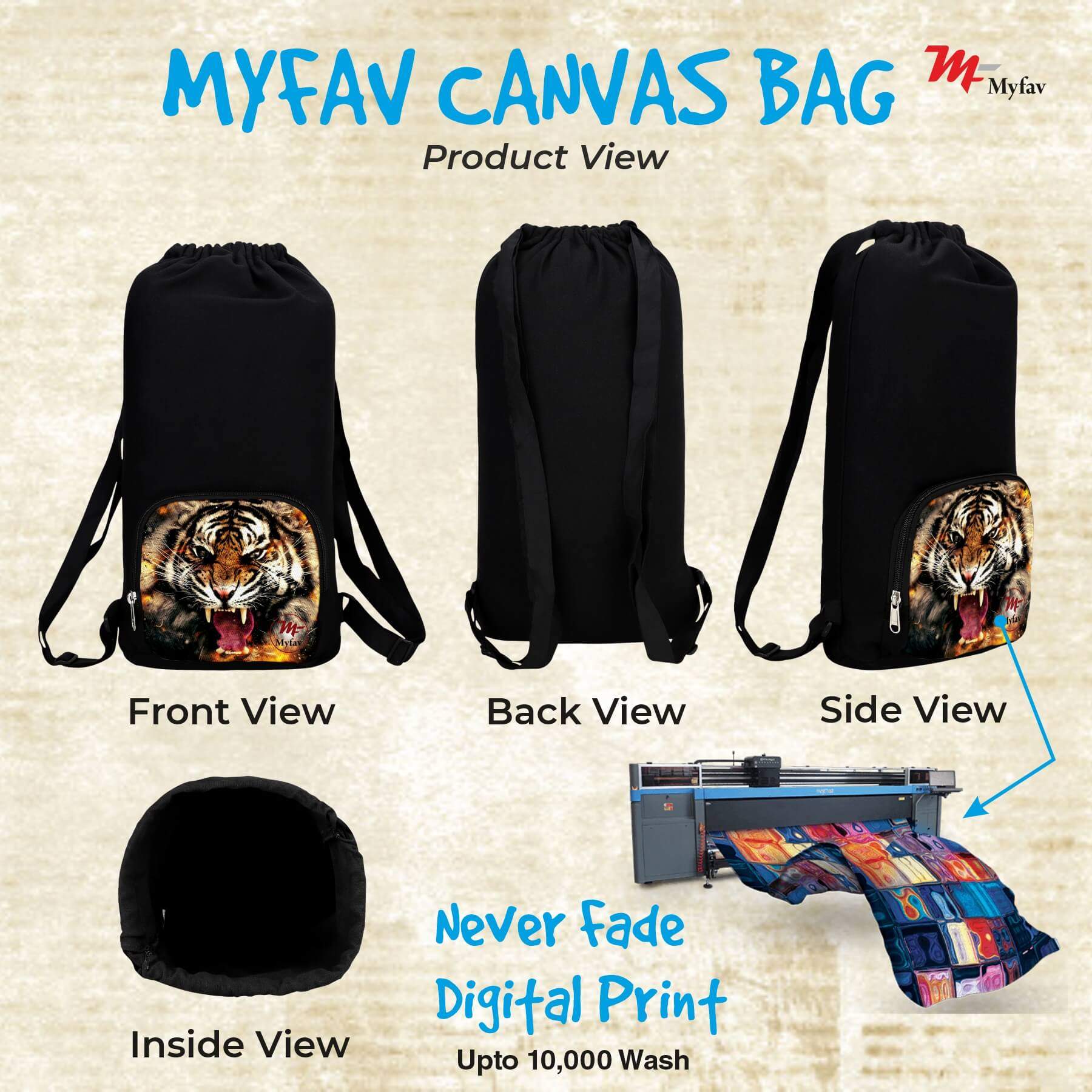 My Fav Tiger Print Cotton Canvas Tution Backpack / Exam Bag For Boys / Girls