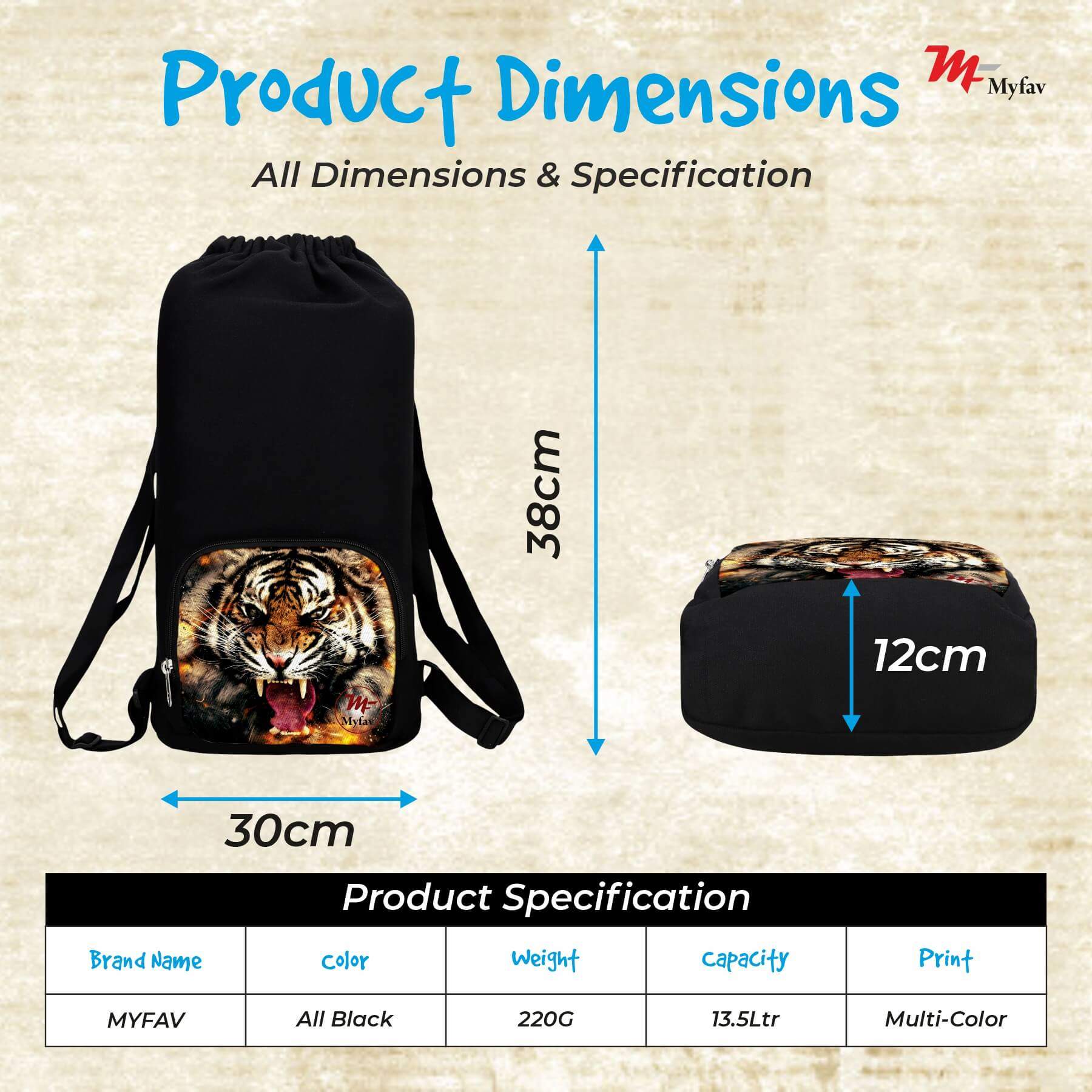 My Fav Tiger Print Cotton Canvas Tution Backpack / Exam Bag For Boys / Girls