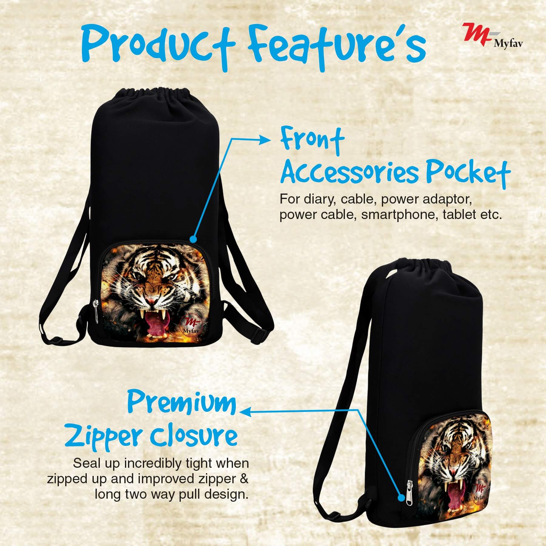 My Fav Tiger Print Cotton Canvas Tution Backpack / Exam Bag For Boys / Girls