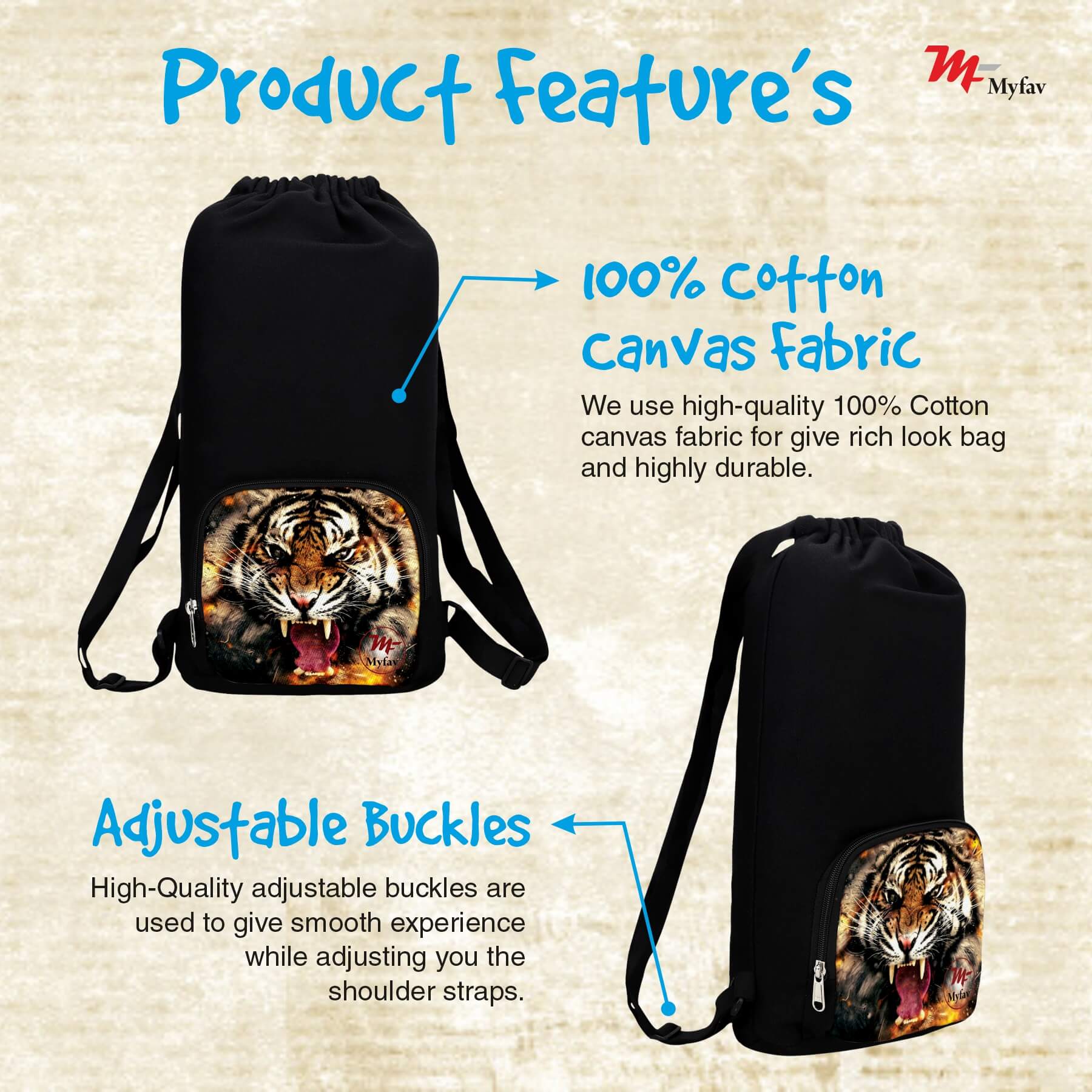 My Fav Tiger Print Cotton Canvas Tution Backpack / Exam Bag For Boys / Girls
