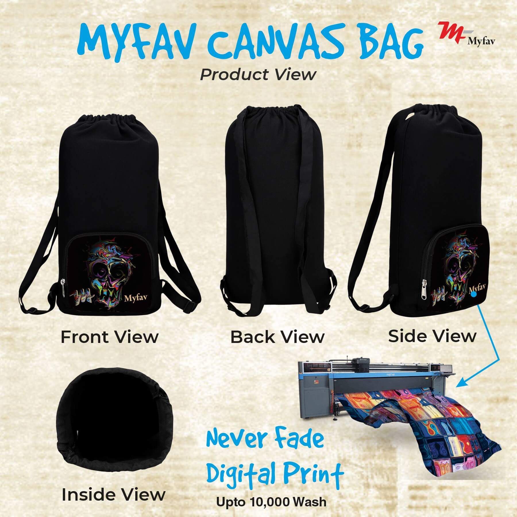 My Fav Black Printed Cotton Canvas Tution Backpack / Exam Bag For Boys / Girls