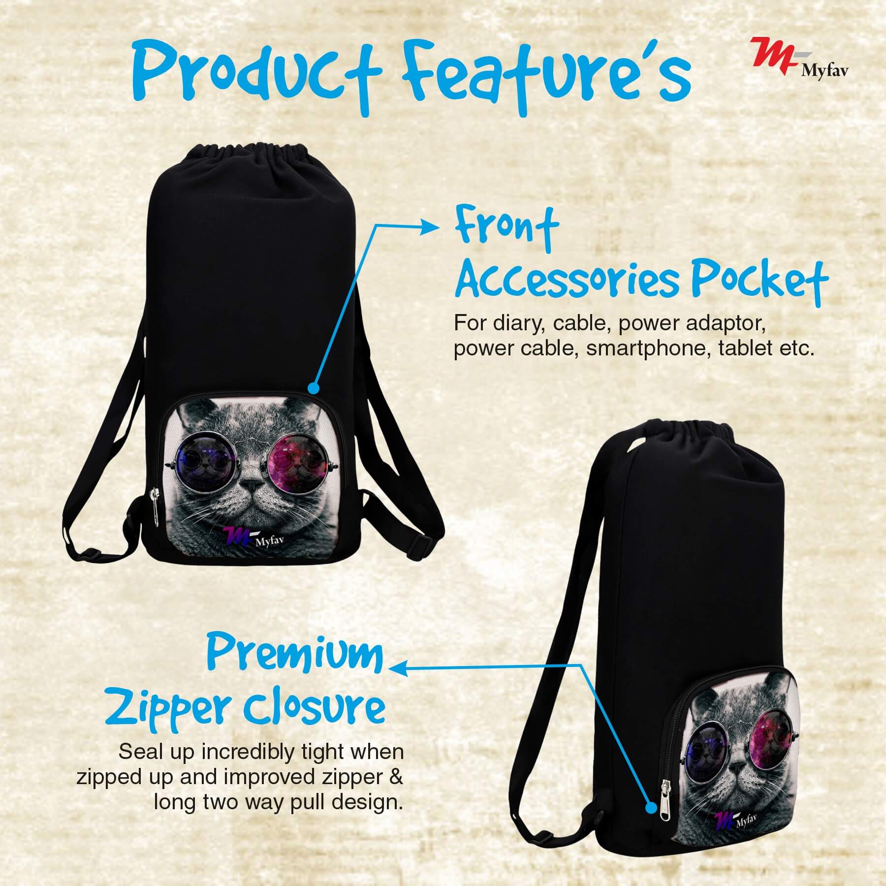 My Fav Cat Print Cotton Canvas Tution Backpack / Exam Bag For Boys / Girls