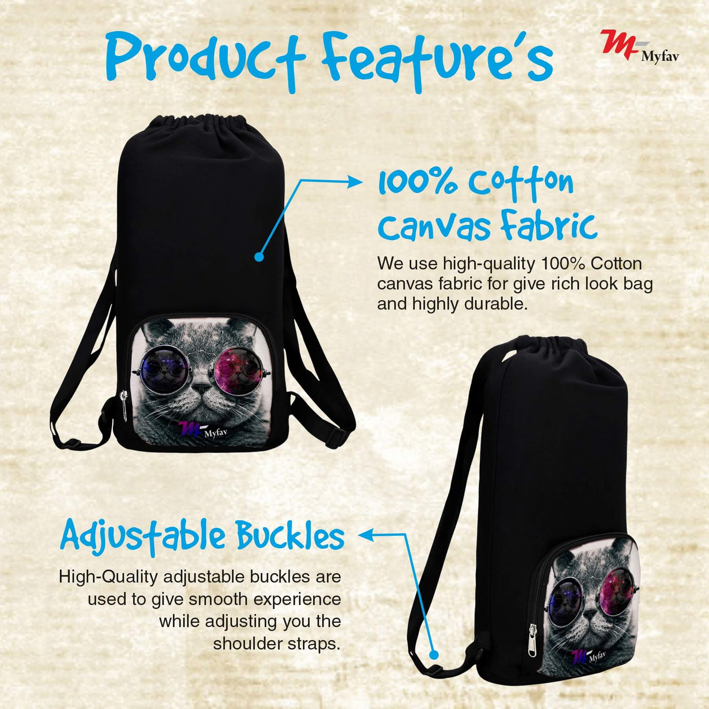 My Fav Cat Print Cotton Canvas Tution Backpack / Exam Bag For Boys / Girls