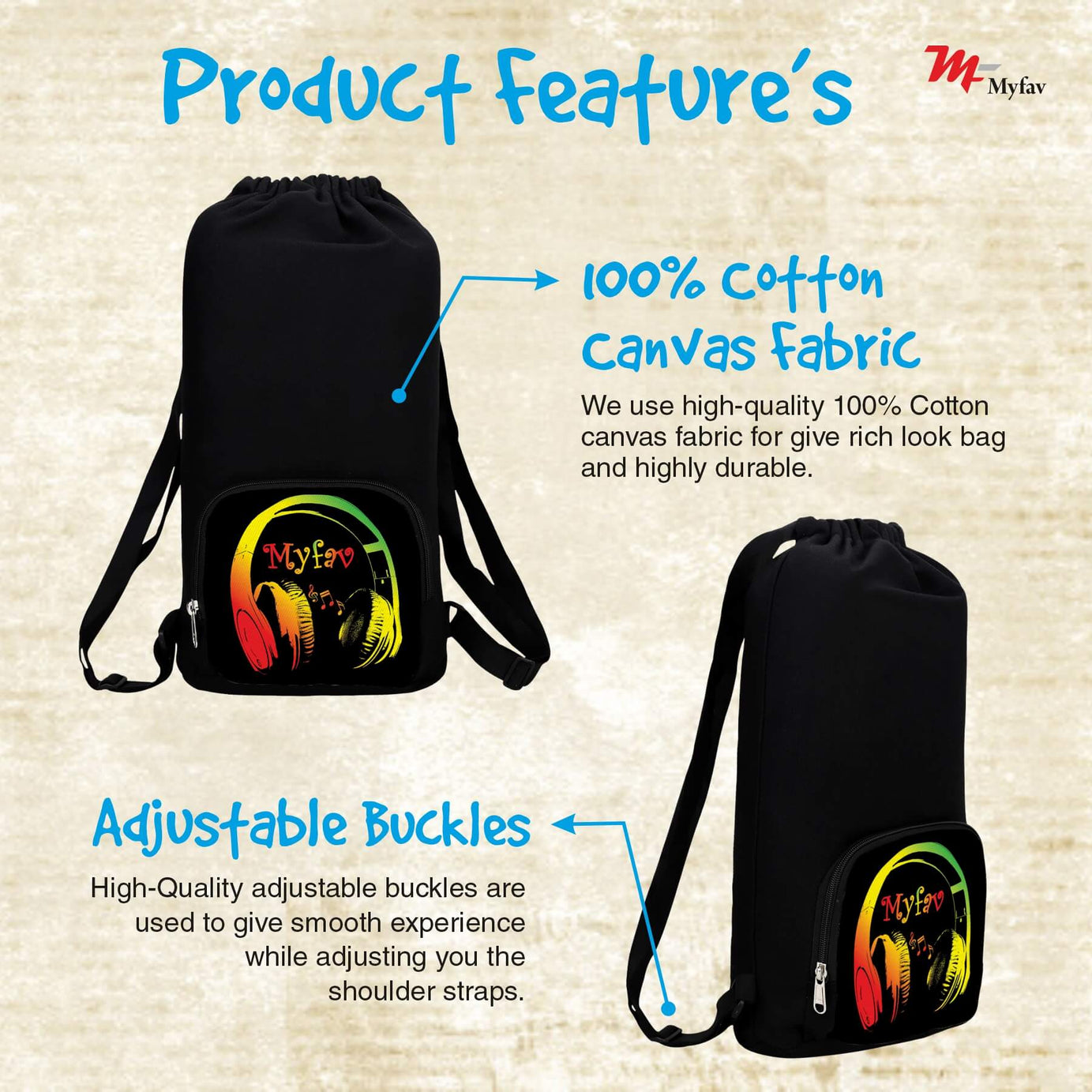 My Fav Music Print Cotton Canvas Tution Backpack / Exam Bag For Boys / Girls