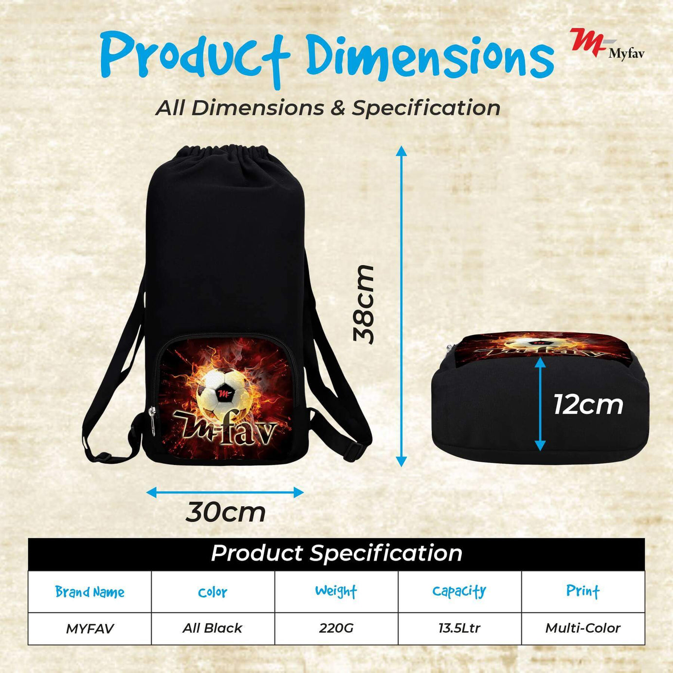 My Fav Fire Football Print Cotton Canvas Tution Backpack / Exam Bag For Boys / Girls