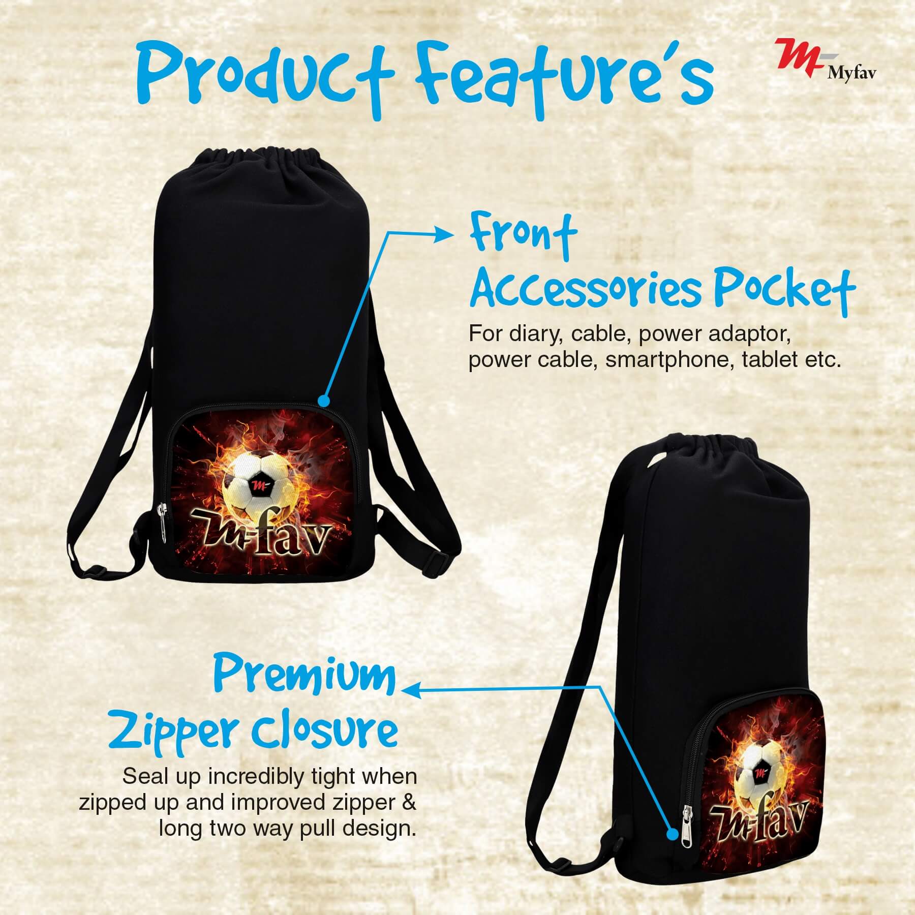 My Fav Fire Football Print Cotton Canvas Tution Backpack / Exam Bag For Boys / Girls