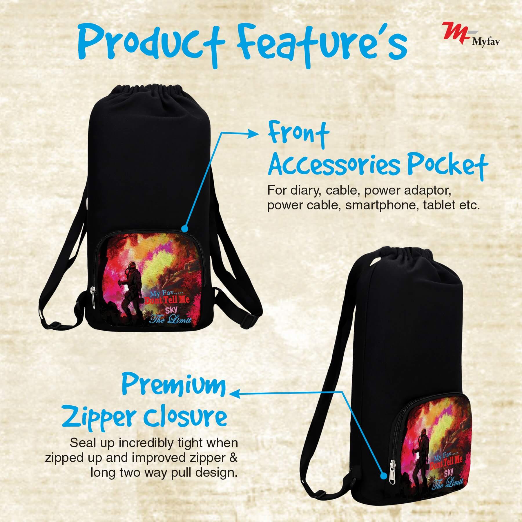 My Fav Multicolor Printed Cotton Canvas Tution Backpack / Exam Bag For Boys / Girls