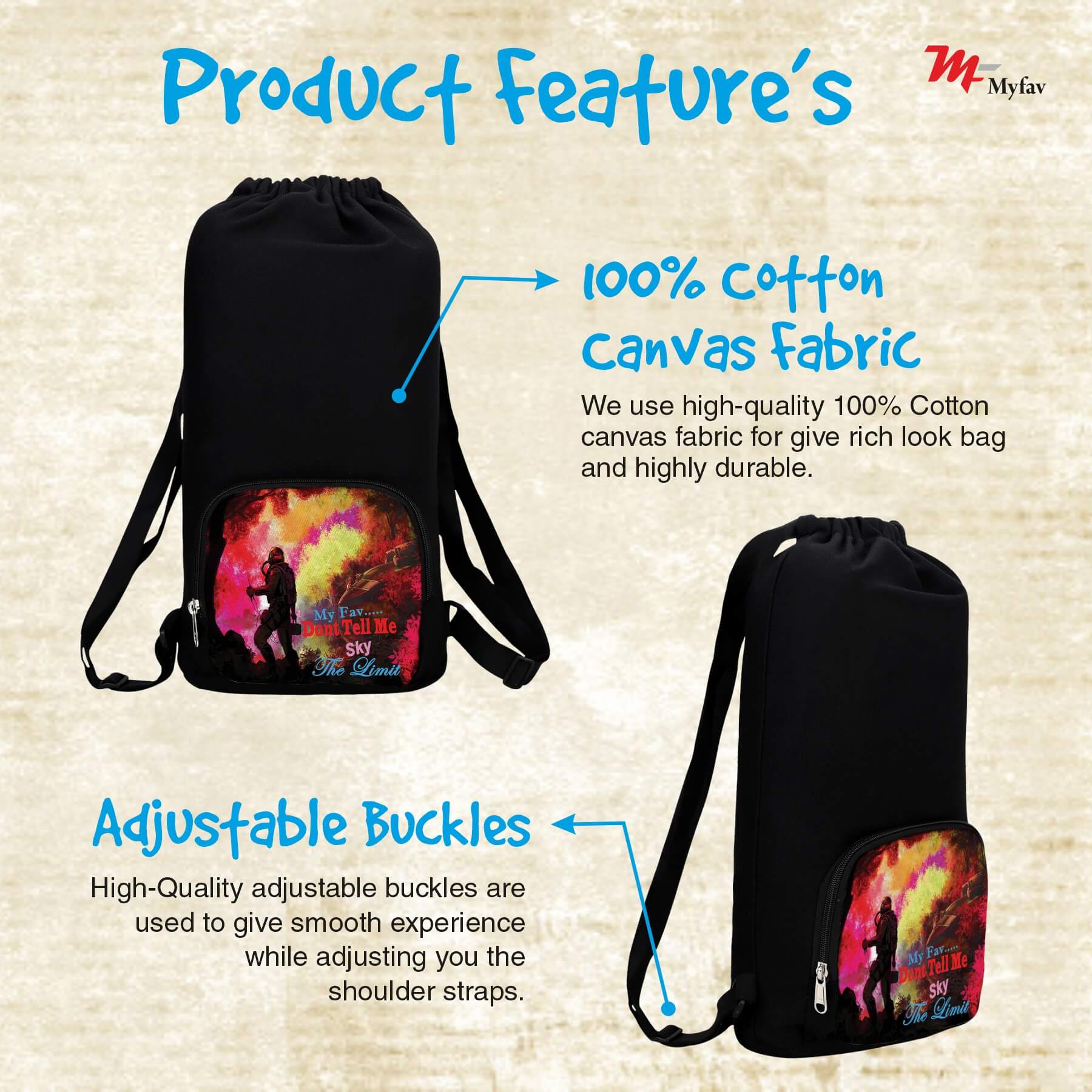 My Fav Multicolor Printed Cotton Canvas Tution Backpack / Exam Bag For Boys / Girls