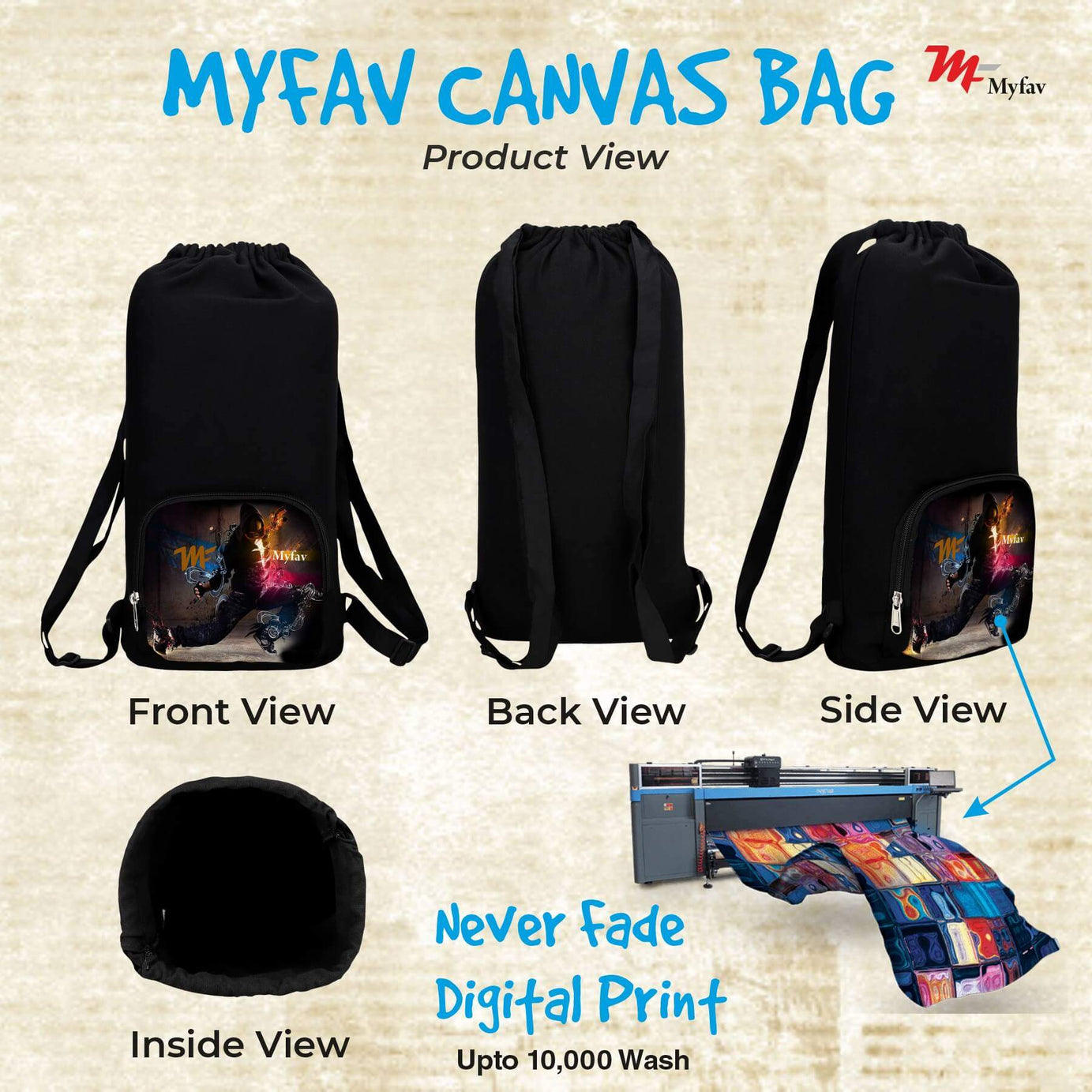 My Fav Black Printed Cotton Canvas Tution Backpack / Exam Bag For Boys / Girls