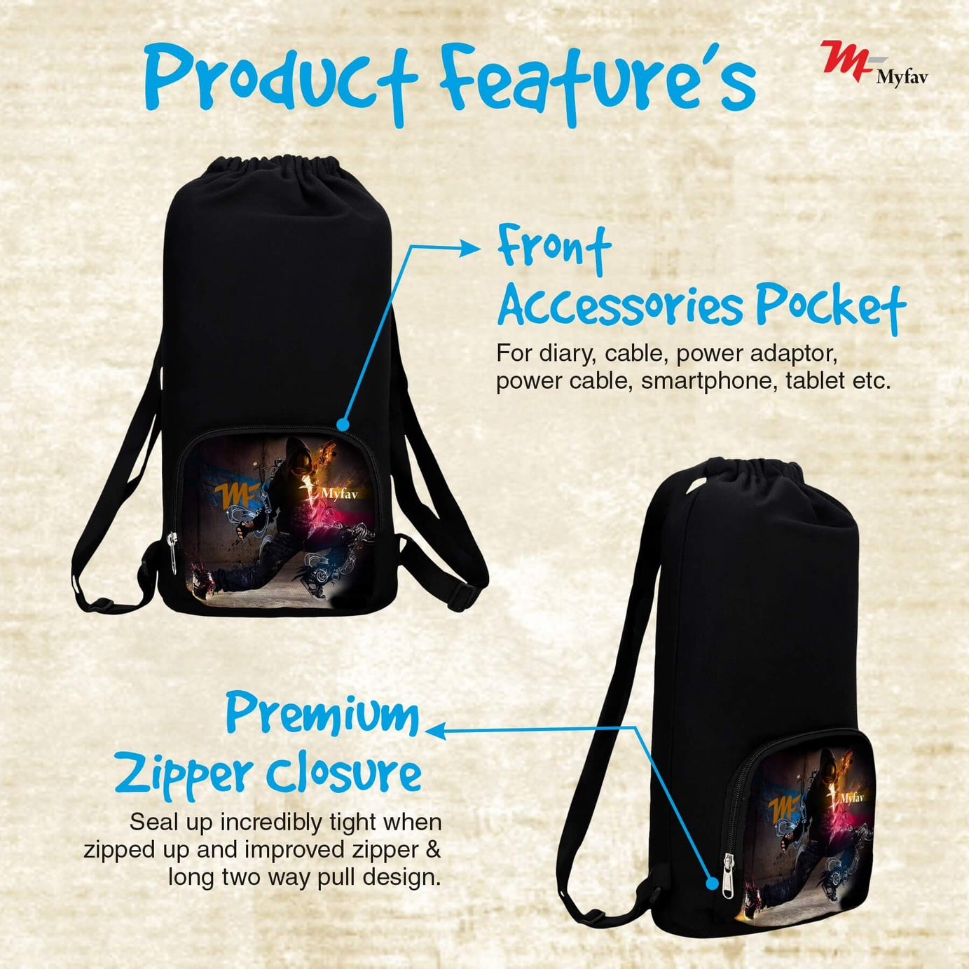 My Fav Black Printed Cotton Canvas Tution Backpack / Exam Bag For Boys / Girls
