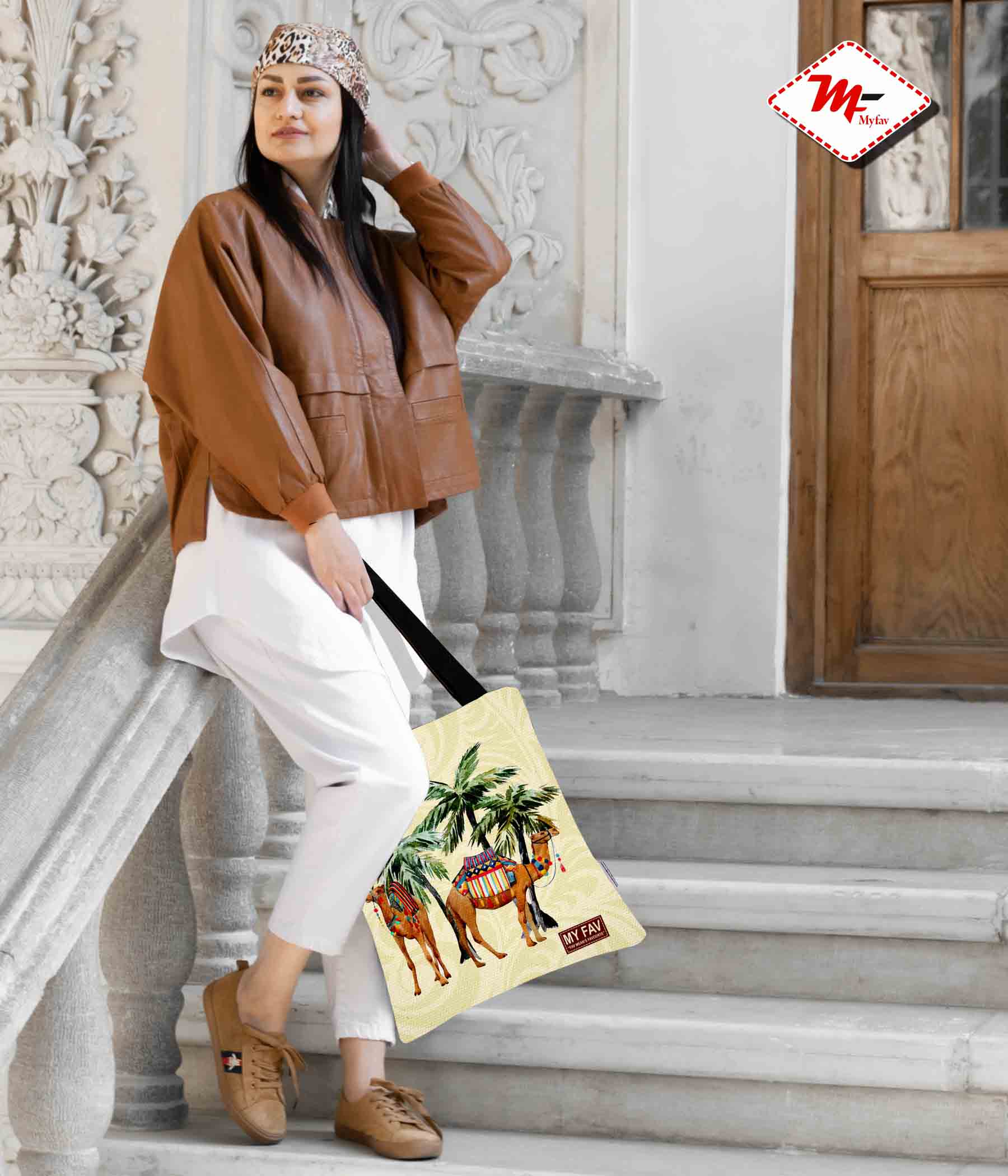 Premium Cotton Canvas Tote Bag - Camel Print