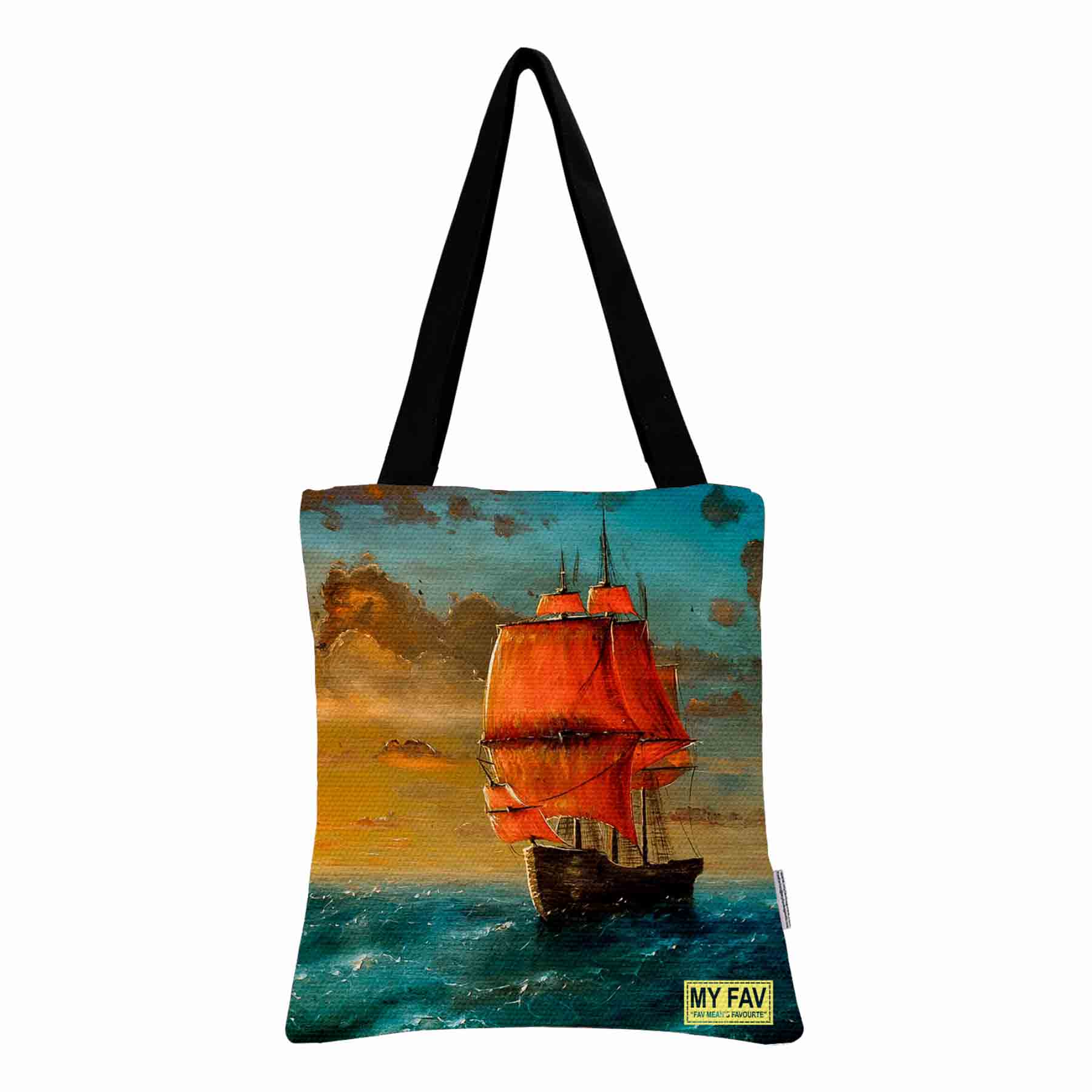 Premium Cotton Canvas Tote Bag - Ship in the Sea Print