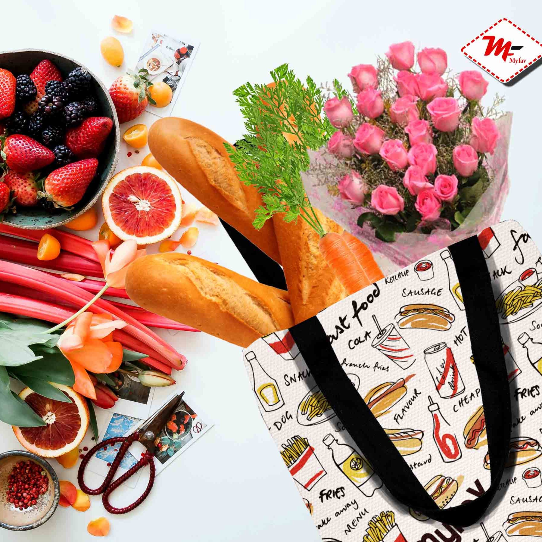 My Fav Foodie Print Cotton Canvas Tote Bag