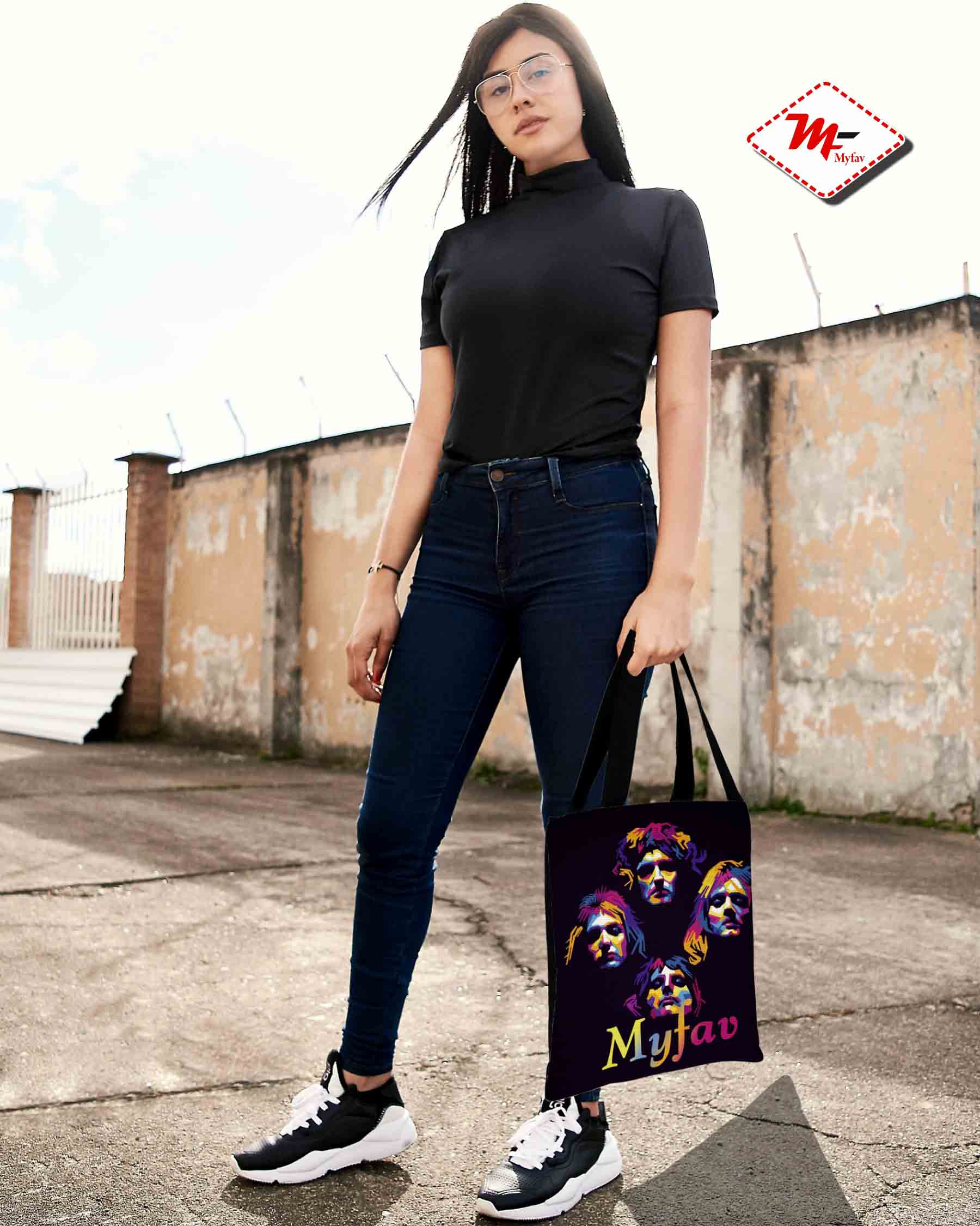 My Fav Faces Print Cotton Canvas Tote Bag