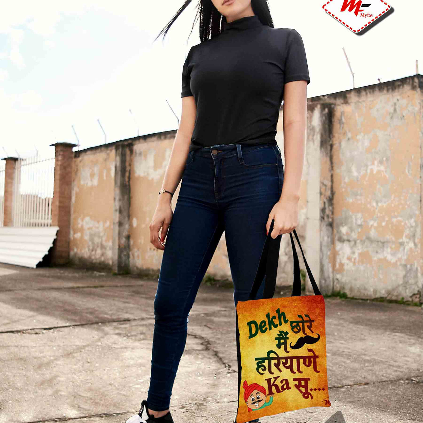 My Fav Haryana Culture Print Cotton Canvas Tote Bag