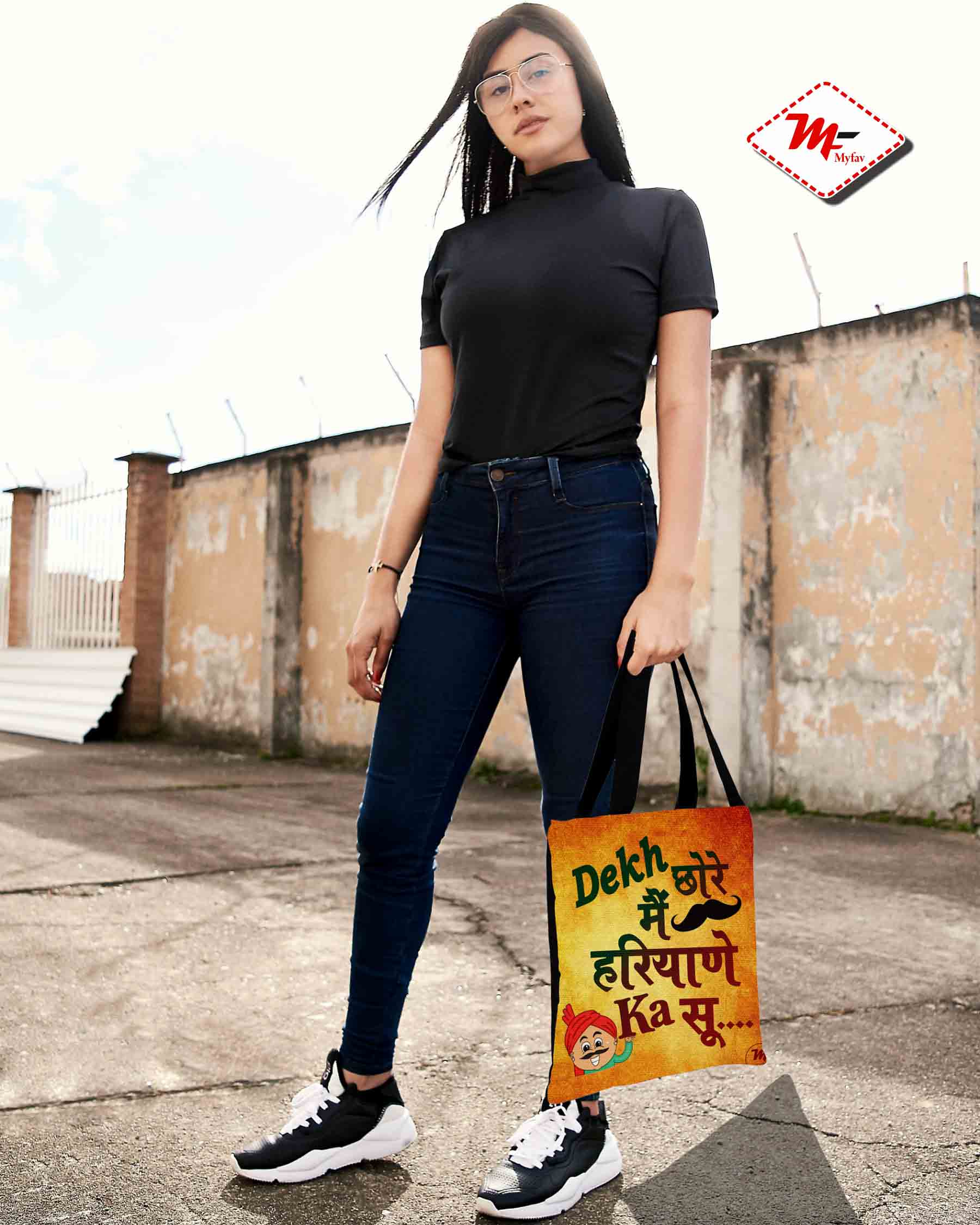 My Fav Haryana Culture Print Cotton Canvas Tote Bag