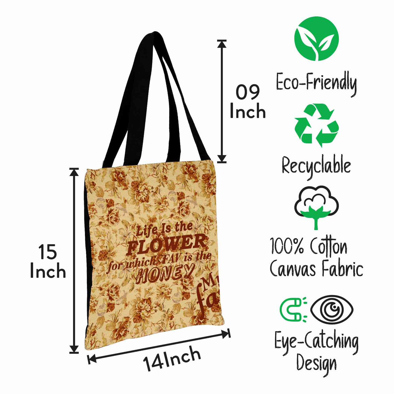 Premium Cotton Canvas Tote Bag - Brown Floral Quote