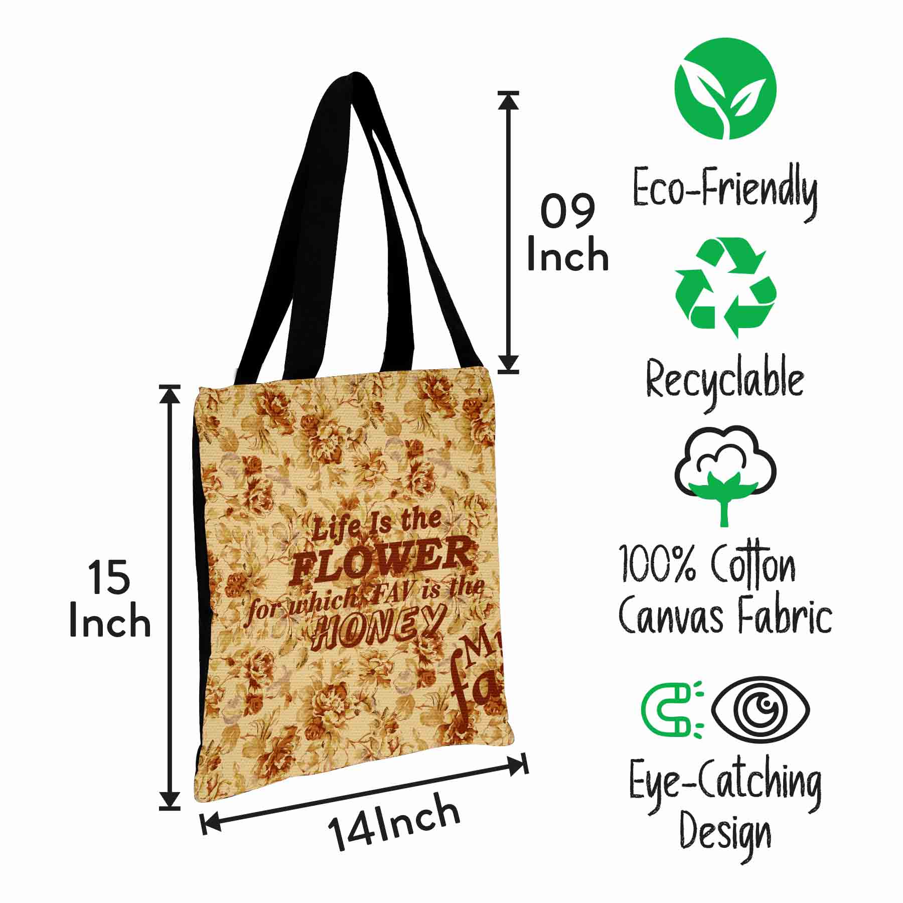 Premium Cotton Canvas Tote Bag - Brown Floral Quote