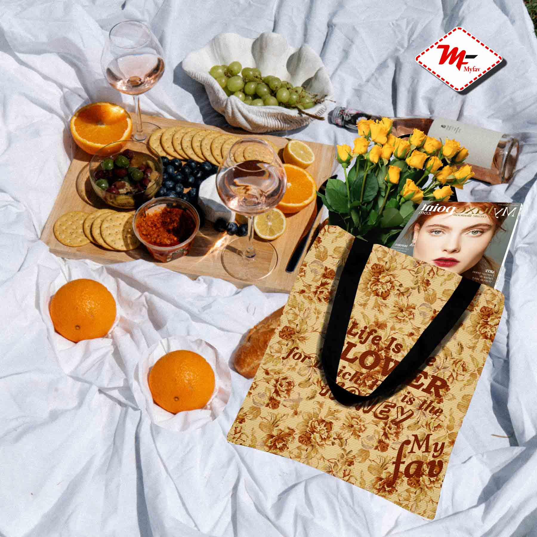 Premium Cotton Canvas Tote Bag - Brown Floral Quote