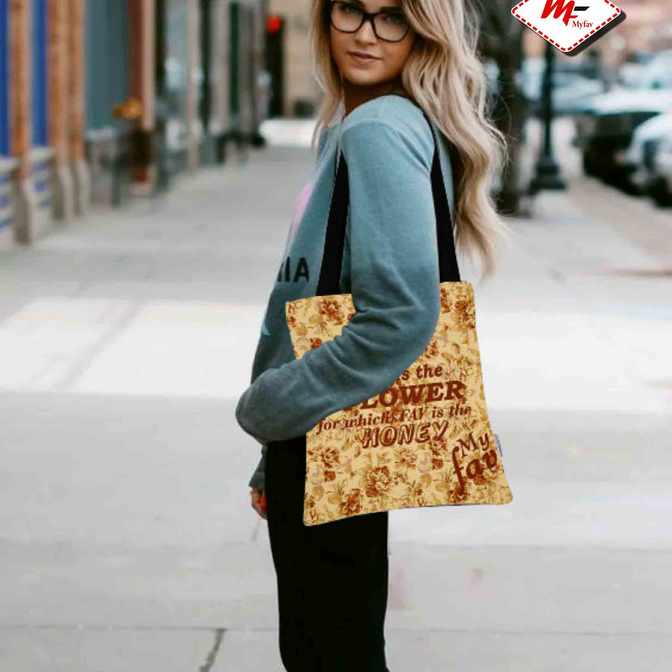 Premium Cotton Canvas Tote Bag - Brown Floral Quote