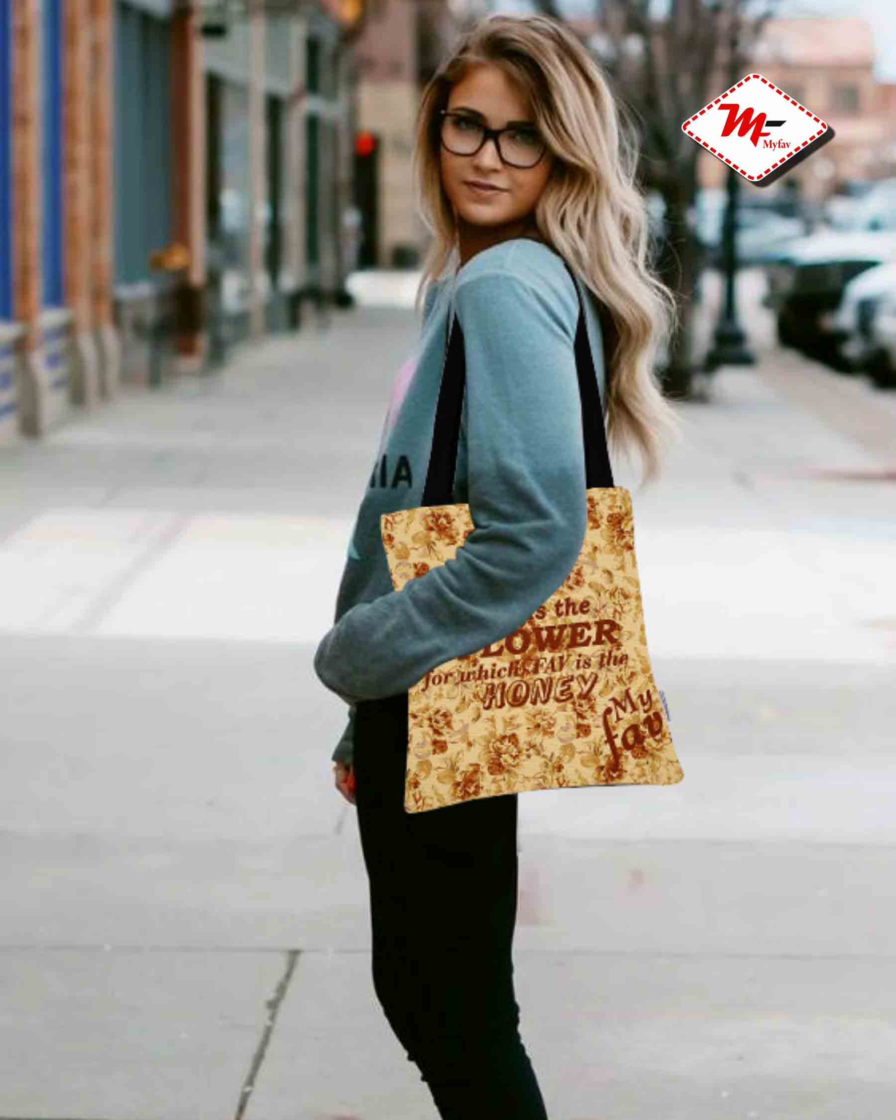Premium Cotton Canvas Tote Bag - Brown Floral Quote