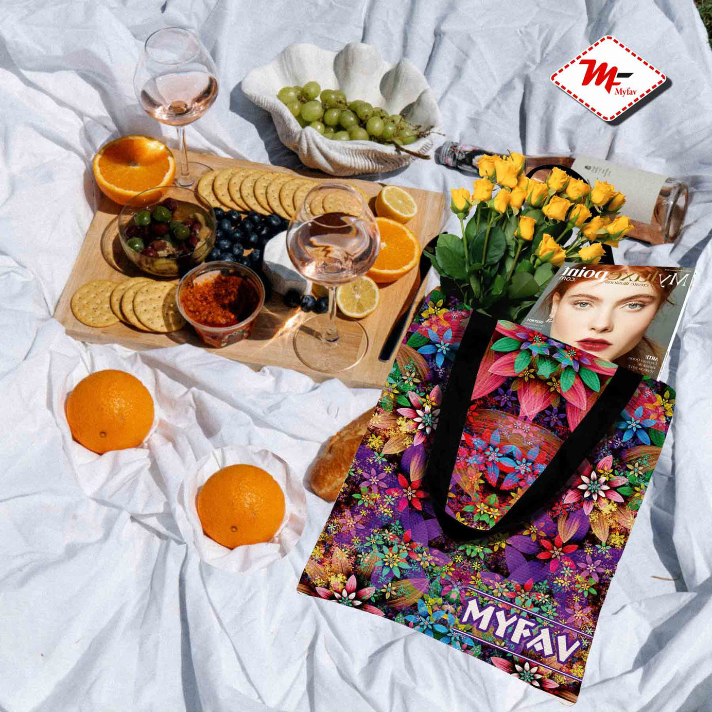 My Fav Multicolor Flower Print Cotton Canvas Tote Bag