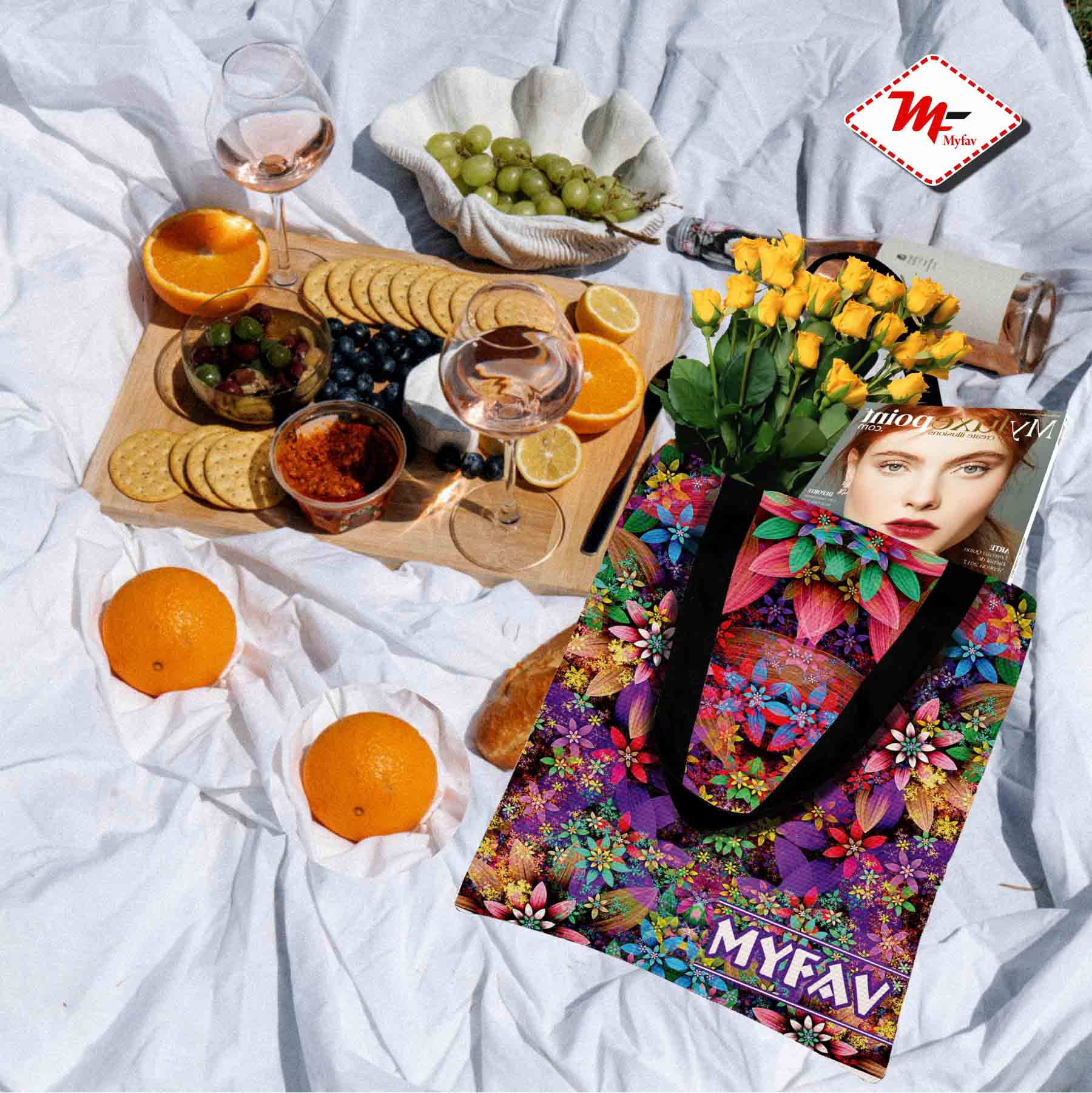 My Fav Multicolor Flower Print Cotton Canvas Tote Bag