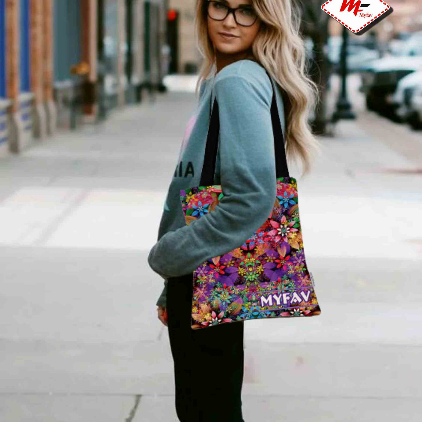 My Fav Multicolor Flower Print Cotton Canvas Tote Bag