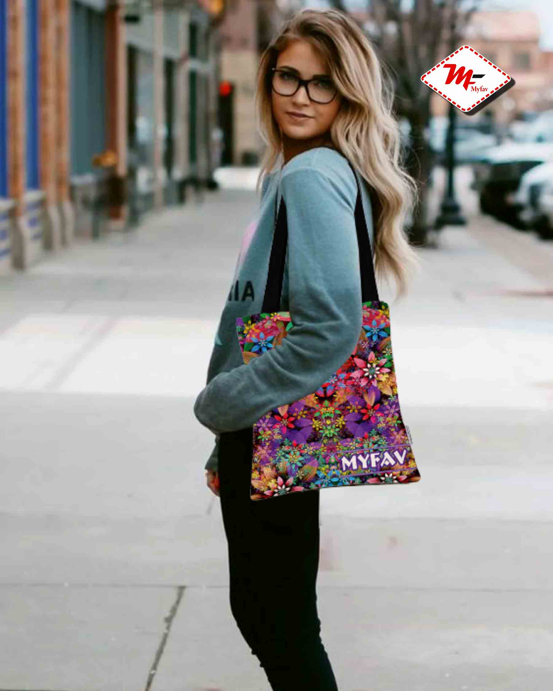 My Fav Multicolor Flower Print Cotton Canvas Tote Bag