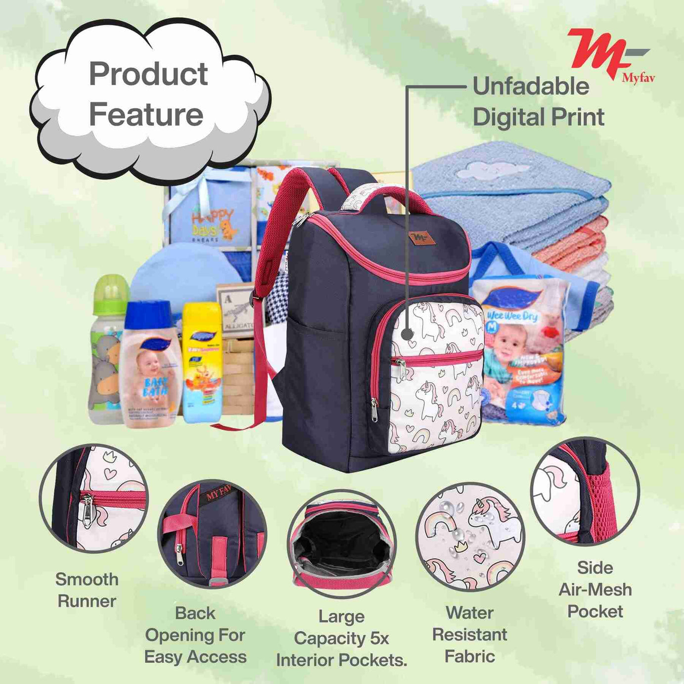 MY FAV Stylish Multipurpose Diaper Bag Waterproof Travel Backpack for Moms with Newborns - Ideal for Baby Essentials, Fashionable and Functional