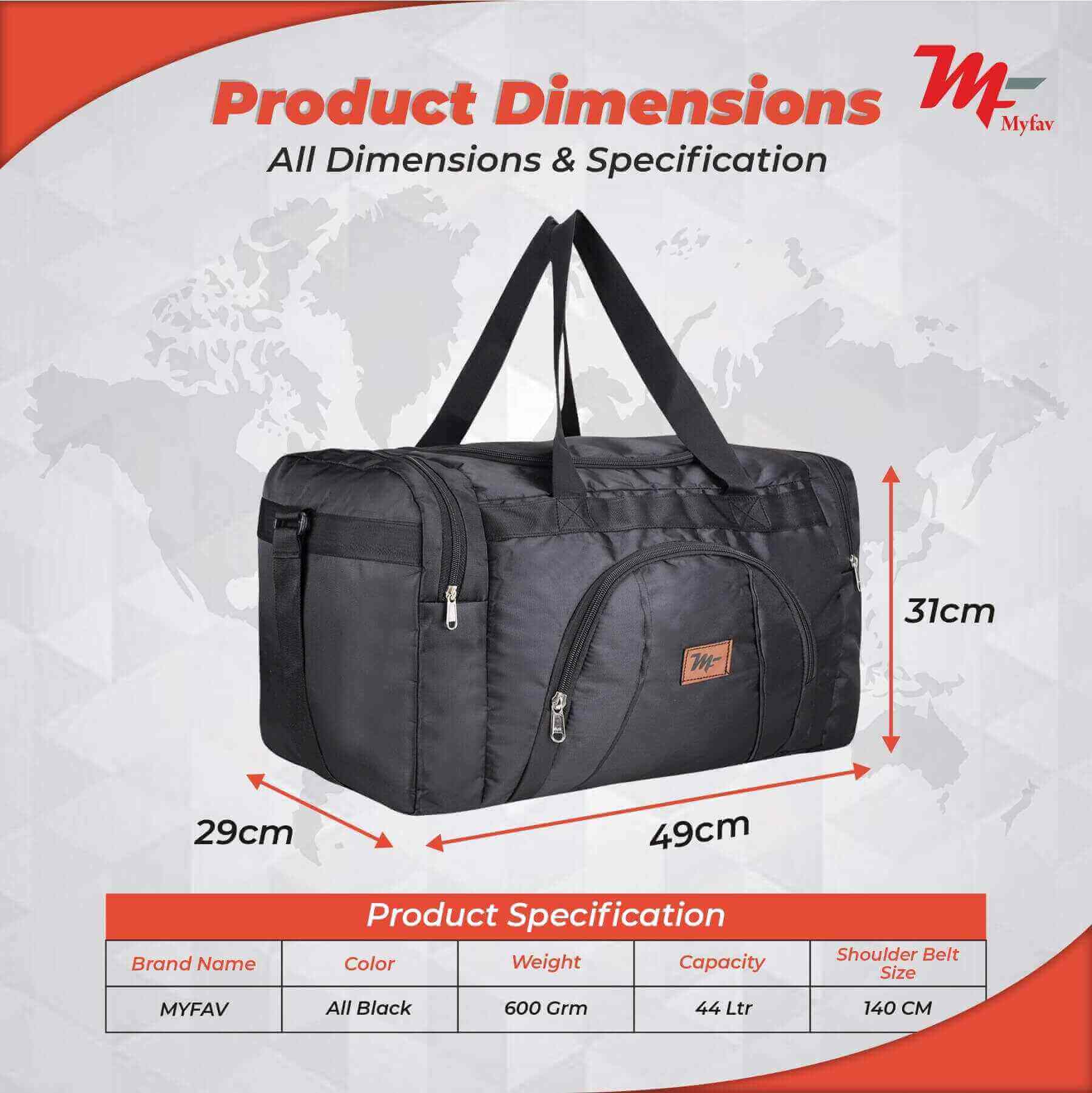 MY FAV Travel Polyester Duffle Bag for Men and Women, Sports, Gym, Outdoor Weekend Bag with Accessories Compartments Waterproof Duffle Bag - 44 litres Capacity