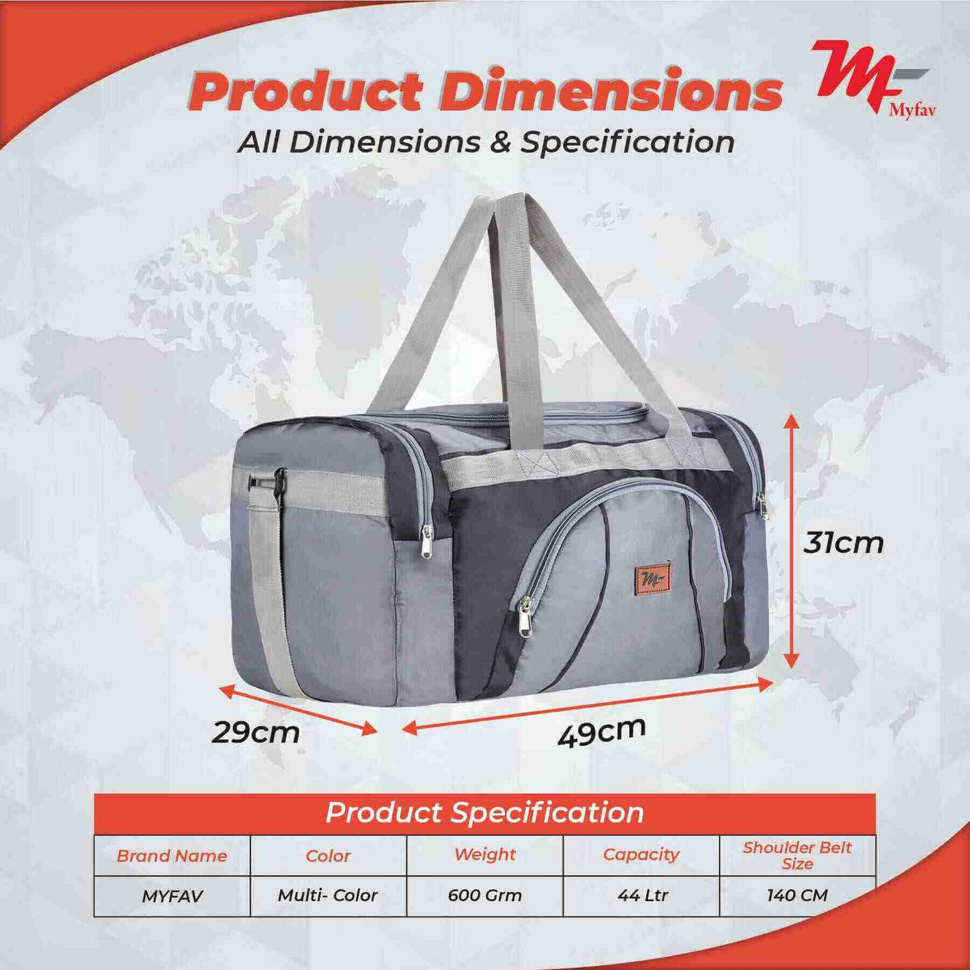 MY FAV Travel Polyester Duffle Bag for Men and Women, Sports, Gym, Outdoor Weekend Bag with Accessories Compartments Waterproof Duffle Bag - 44 litres Capacity