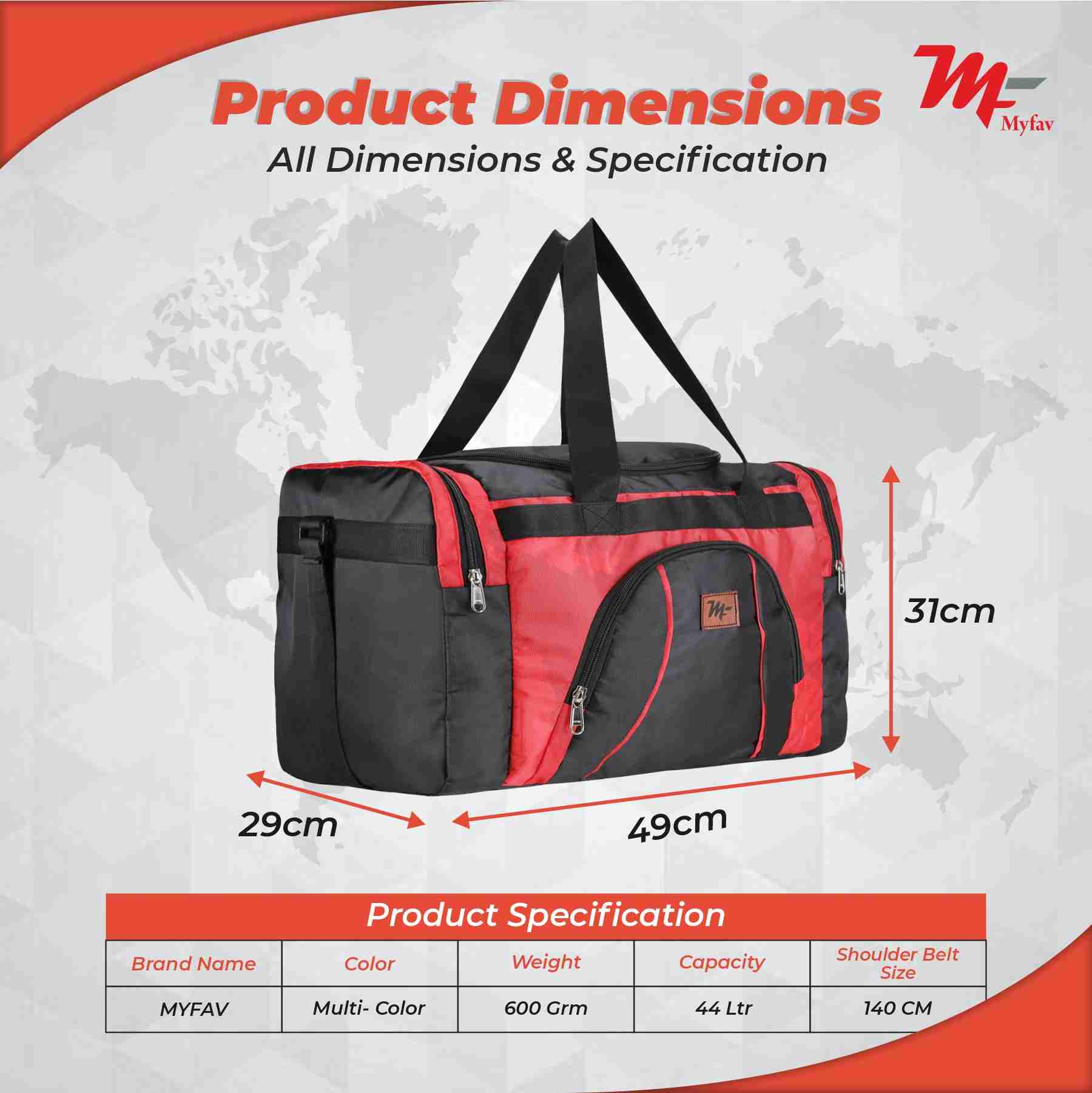 MY FAV Travel Polyester Duffle Bag for Men and Women, Sports, Gym, Outdoor Weekend Bag with Accessories Compartments Waterproof Duffle Bag - 44 litres Capacity
