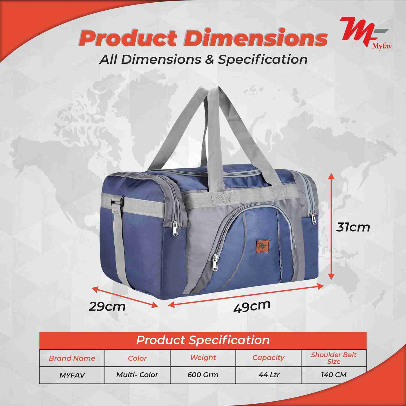 MY FAV Travel Polyester Duffle Bag for Men and Women, Sports, Gym, Outdoor Weekend Bag with Accessories Compartments Waterproof Duffle Bag - 44 litres Capacity