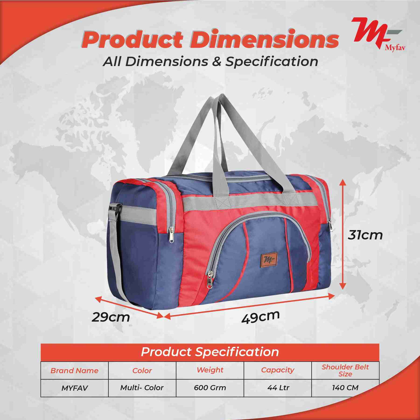 MY FAV Travel Polyester Duffle Bag for Men and Women, Sports, Gym, Outdoor Weekend Bag with Accessories Compartments Waterproof Duffle Bag - 44 litres Capacity