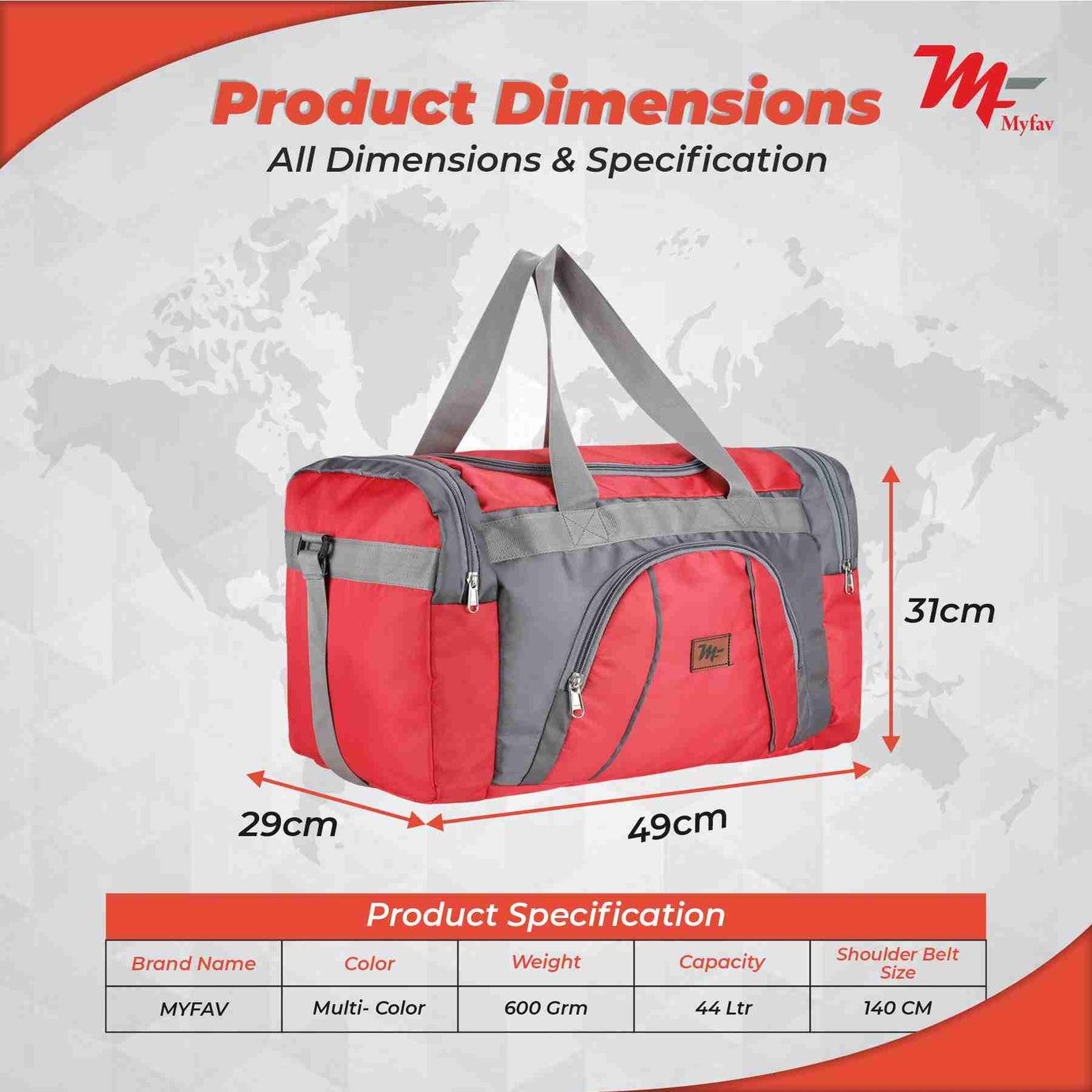 MY FAV Travel Polyester Duffle Bag for Men and Women, Sports, Gym, Outdoor Weekend Bag with Accessories Compartments Waterproof Duffle Bag - 44 litres Capacity