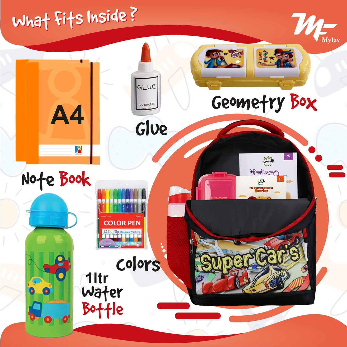 My Fav Super Car Kids School Bag For Girls/Boys, School, Casual, Picnic, Nursery-(2 to 10 year Old Kid)