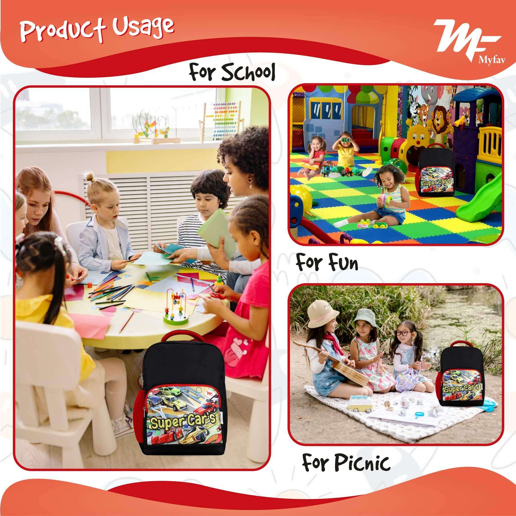My Fav Super Car Kids School Bag For Girls/Boys, School, Casual, Picnic, Nursery-(2 to 10 year Old Kid)
