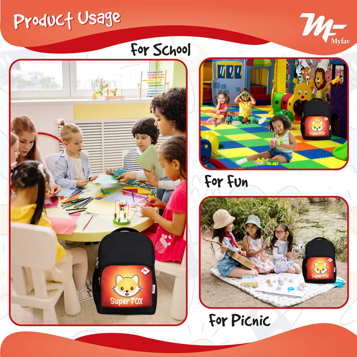 My Fav Super Fox Kids School Bag For Girls/Boys, School, Casual, Picnic, Nursery-(2 to 10 year Old Kid)