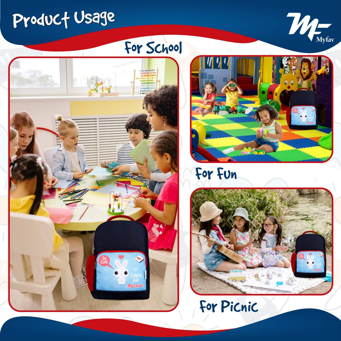 My Fav Cute Bunny Kids School Bag For Girls/Boys, School, Casual, Picnic, Nursery-(2 to 10 year Old Kid)