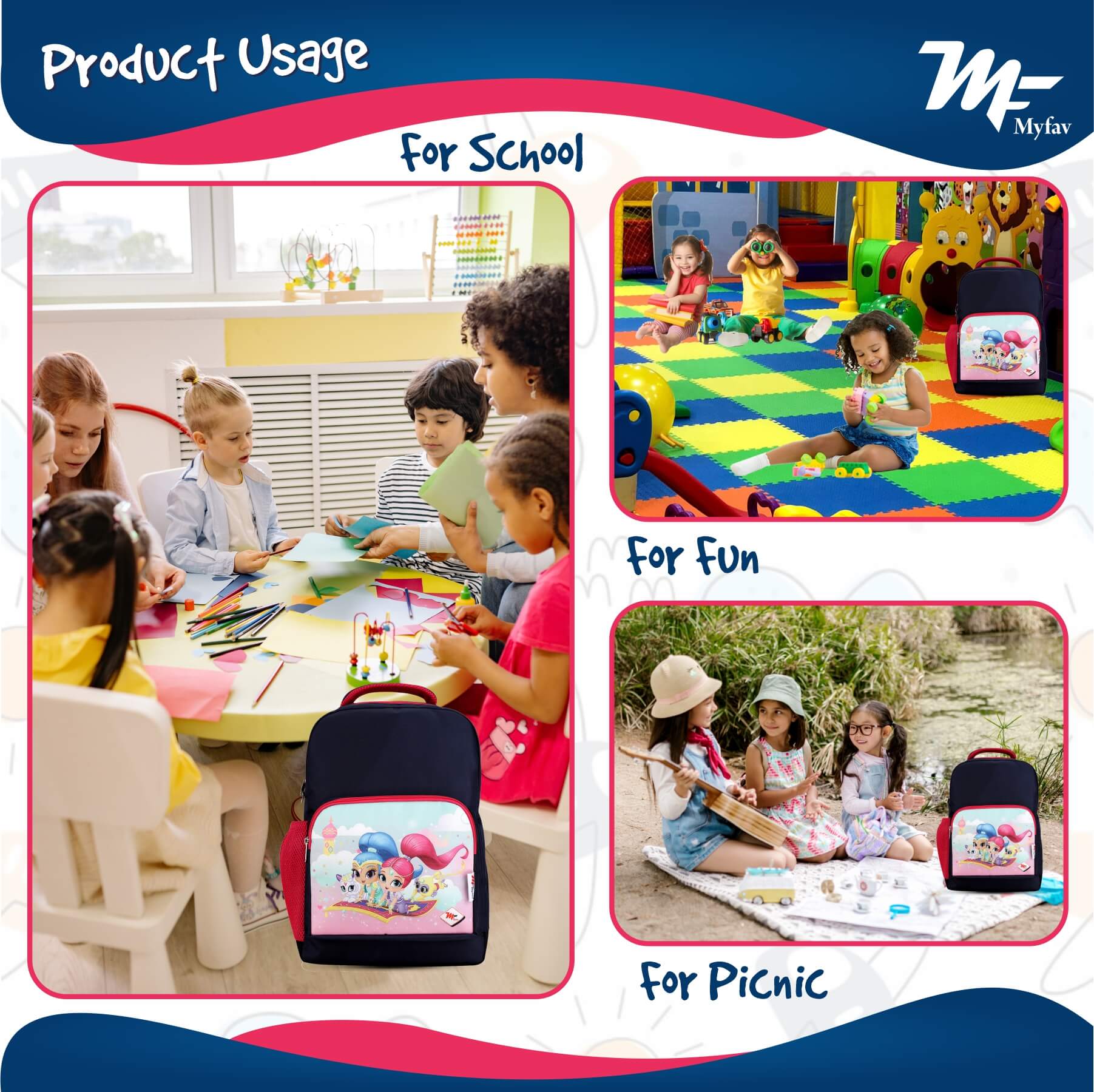 My Fav Cute Cartoon Kids School Bag For Girls/Boys, School, Casual, Picnic, Nursery-(2 to 10 year Old Kid)