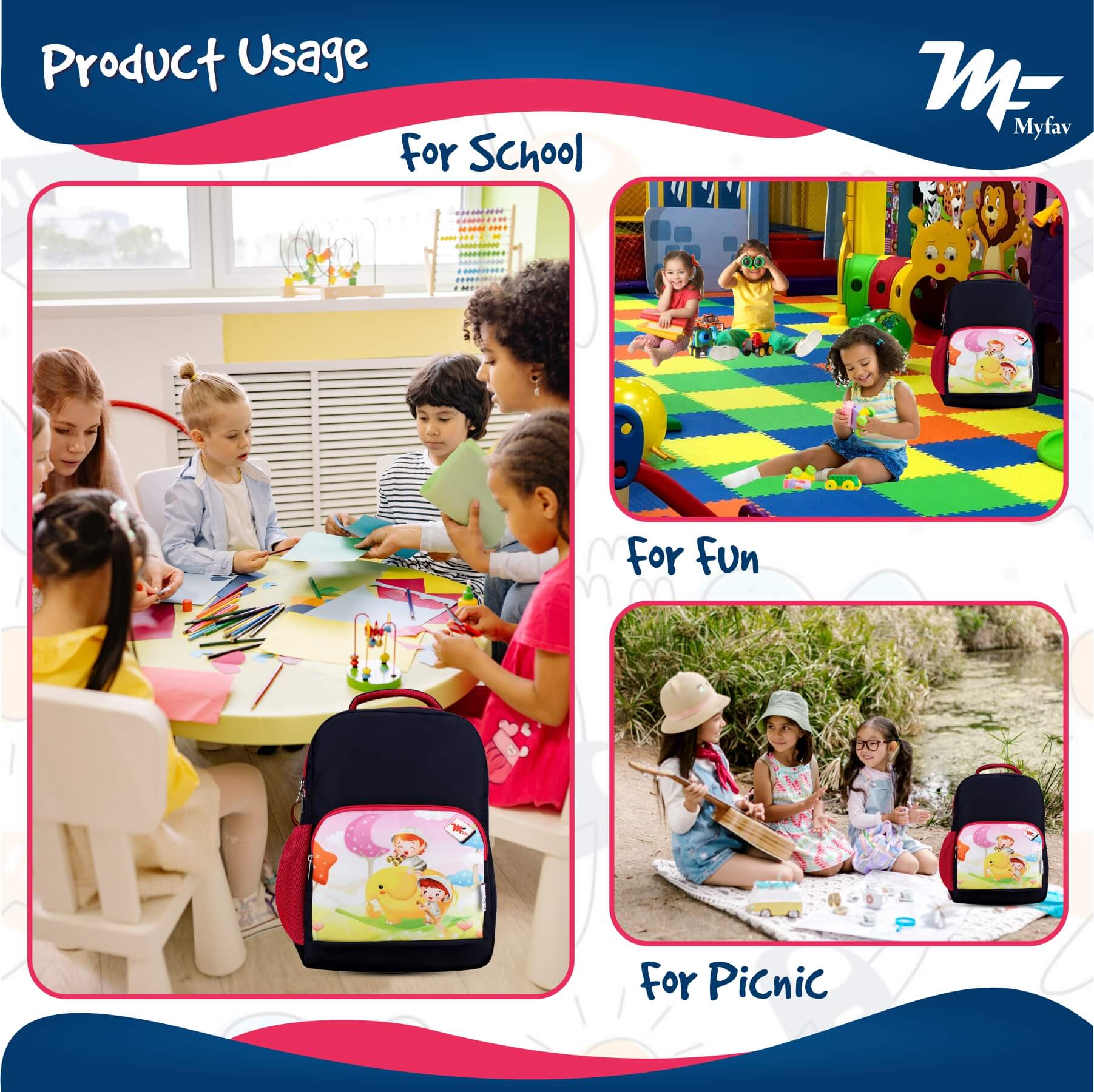 My Fav Cute Cartoon Kids School Bag For Girls/Boys, School, Casual, Picnic, Nursery-(2 to 10 year Old Kid)