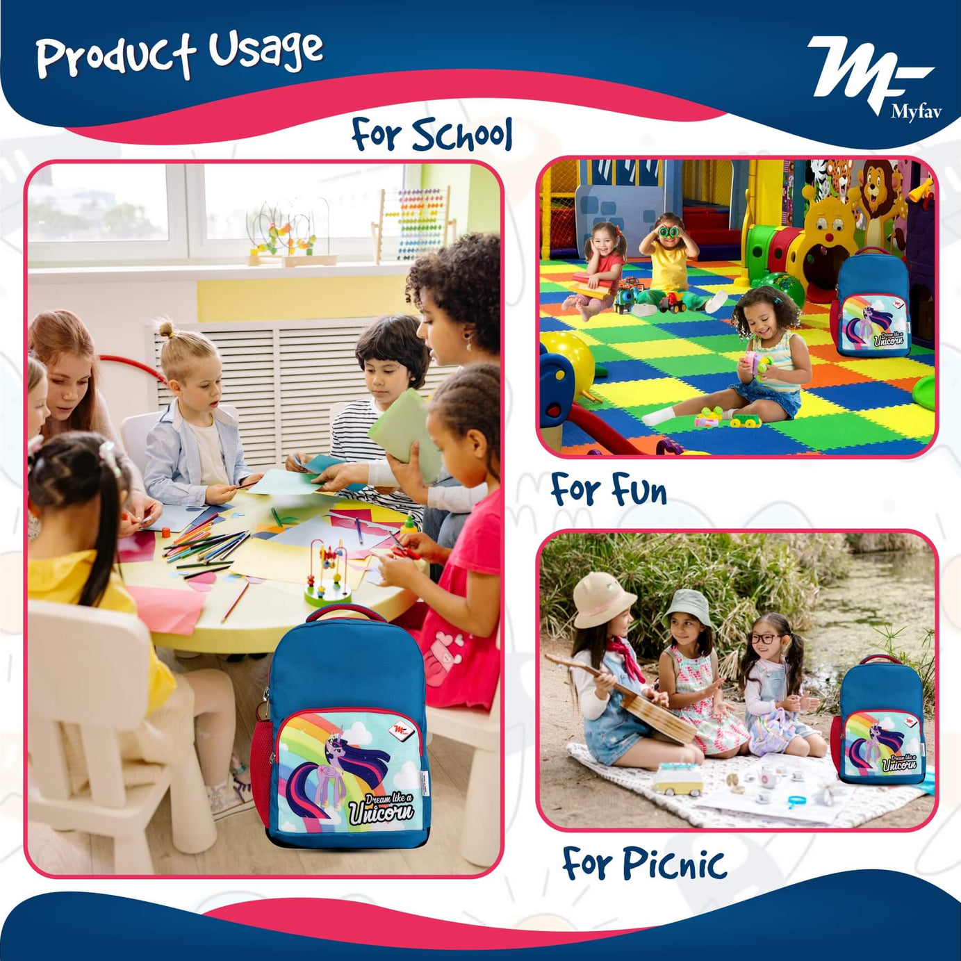 My Fav Dream Unicorn Kids School Bag For Girls/Boys, School, Casual, Picnic, Nursery-(2 to 10 year Old Kid)