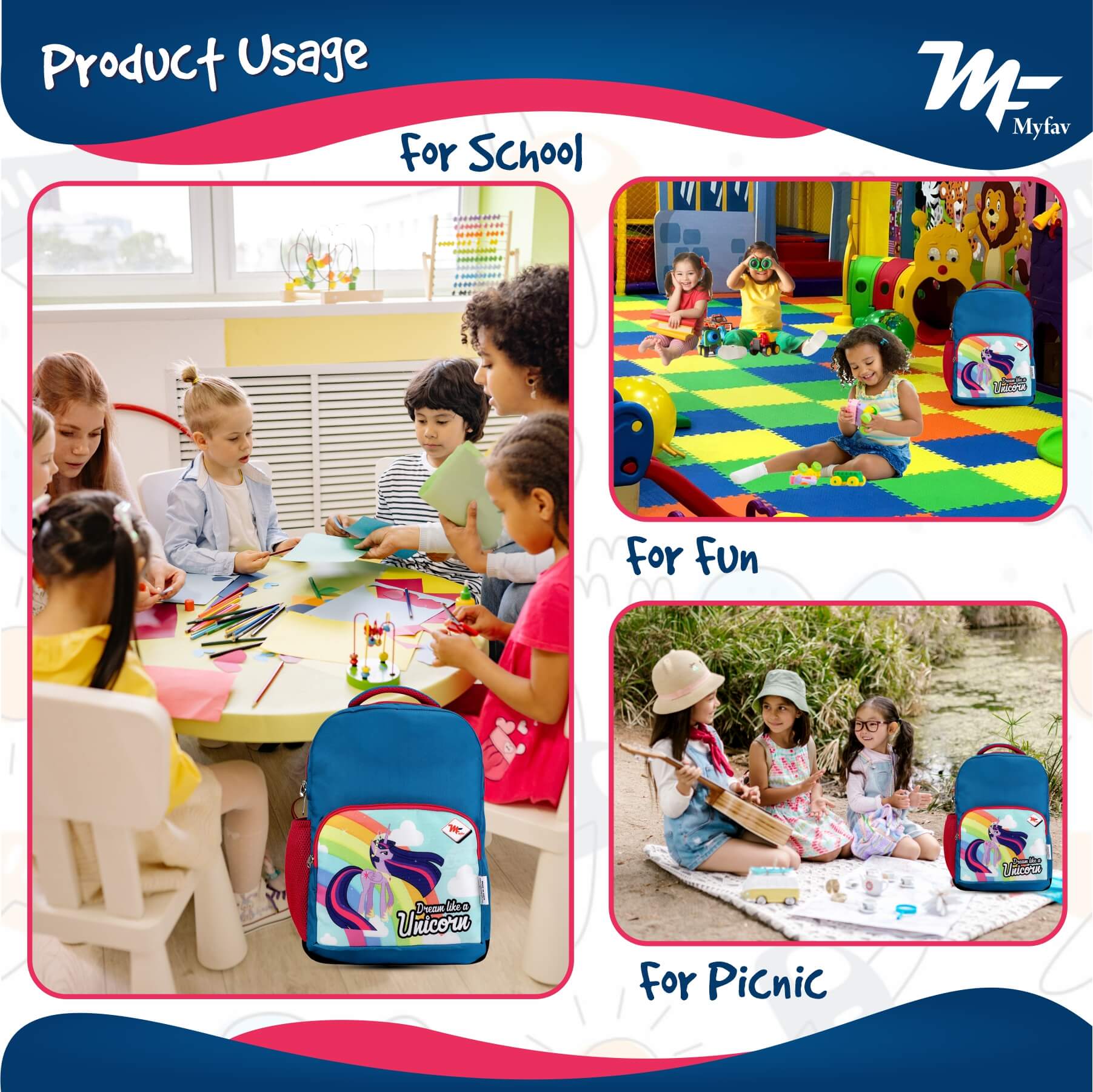 My Fav Dream Unicorn Kids School Bag For Girls/Boys, School, Casual, Picnic, Nursery-(2 to 10 year Old Kid)